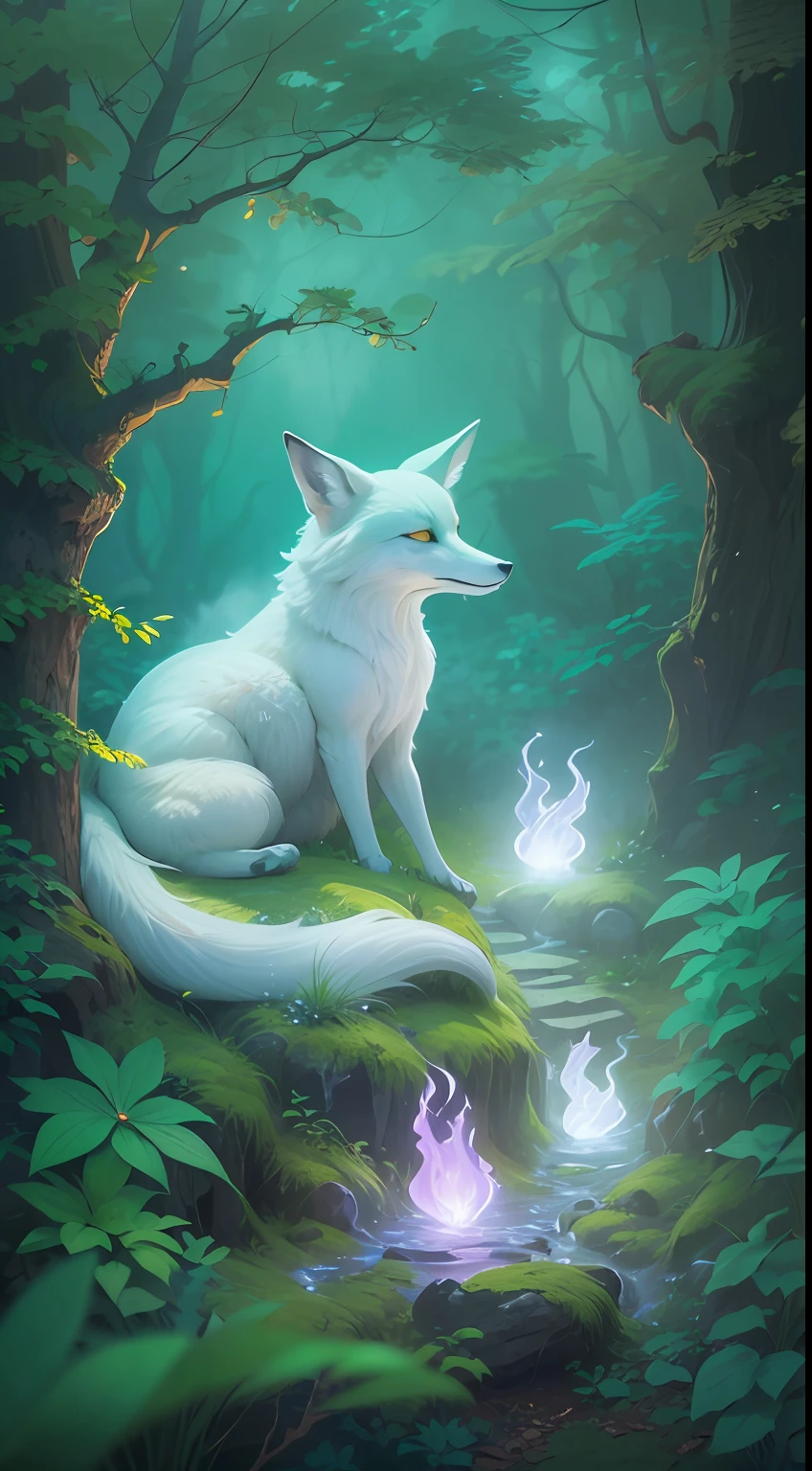 In the heart of a lush, mystical forest lies a hidden clearing where a ghostly fox emerges from the mist, his form constantly oscillating between opaque and translucent. The white and blue hues of his fur create an ethereal, dreamlike aura, making him resemble a creature of myth and legend. The clearing is filled with ancient trees adorned with luminescent moss that emits a soft, enchanting glow. The air is charged with magic and the surrounding area is filled with the faint whispers of forest spirits. The atmosphere is one of enchantment and wonder, as if the clearing existed in a realm where reality and fantasy intertwine. The style of this image is a captivating sculpture, created with a blend of traditional carving techniques and modern materials to bring the fox's ghostly appearance to life. The sculpture is lit from within, enhancing the mystical mood of the scene and creating a mesmerizing centerpiece that captures the viewer's imagination.
