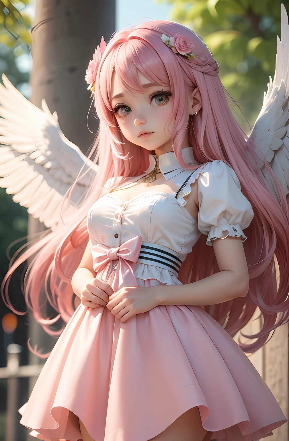 Chibi: 1.2), (obra-prima: 1.4), (melhor qualidade: 1.4), ( Very Cute Bird, rosto super detalhado, Olhos Semelhantes a Joias, Cabelos loiros com rosa Muito Longos, Colored Gradient Hair: 1.1), (Cabelos loiros com rosa Muito Longos, Colored Gradient Hair: 1.4) (bird wings: 1.2), (chibi bird: 1.2) (corpo inteiro, 2 perfect arms, 2 pernas perfeitas: 1.1), (Perfeito 4 dedos: 1 polegar),vestido branco com rosa e dourado: 1.1) (V3 variation in various poses flying alongside birds) leve, brilho, Bokeh, super fino, (mini chibi: 1.1), (mini chibichibi.