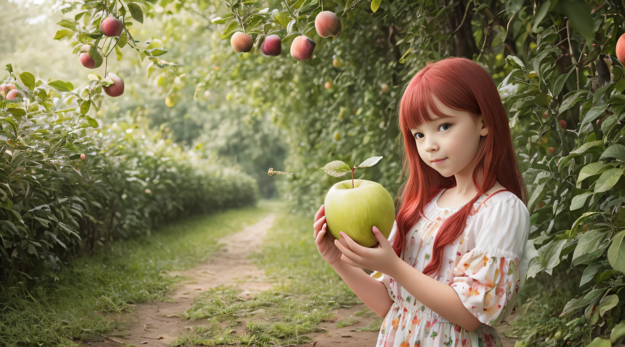 girl CHILD RED HAIR OF STRUTS, HOLDING TWO GREEN APPLES IN FRONT OF HER FACE, HOLDING AN APPLE, EATING ROTTEN FRUIT, A HOLDING APPLE IN HAND, GREEN APPLES, HOLDING MARACAS, WITH APPLE, SLIME, APPLES, SHE IS GUIDING A PEACH, SENTIENT FRUIT, GREEN SLIME, HOLDING EASTER EGGS, PROMO STILL, 3 4 5 3 1, photoshoot