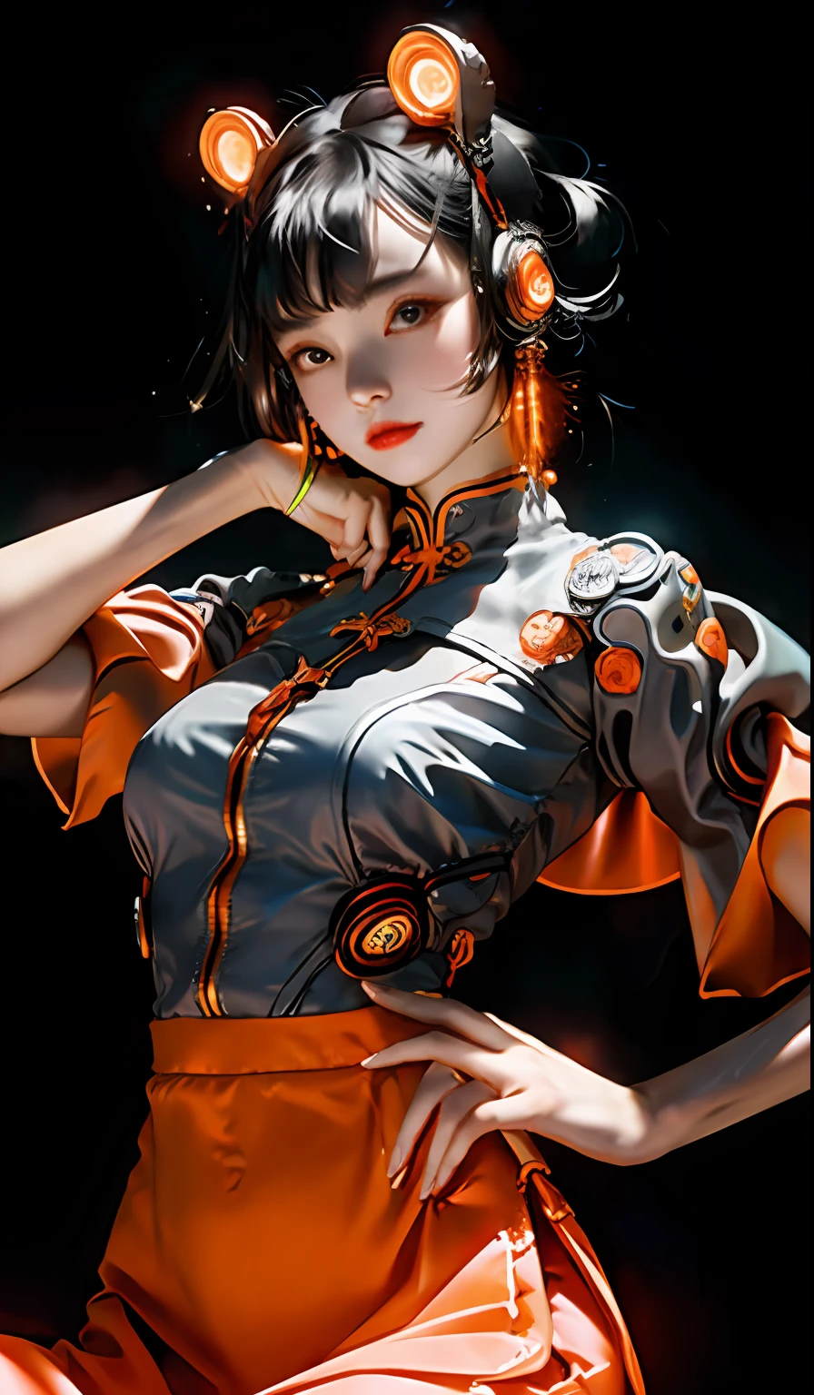 1 girl, Chinese_clothes, liquid silver and orange, cyberhan, cheongsam, cyberpunk city, dynamic pose, detailed luminous headphones, glowing hair accessories, long hair, glowing earrings, glowing necklace, cyberpunk, high-tech city, full of mechanical and futuristic elements, futurism, technology, glowing neon, orange, orange light, sexy skirt, transparent streamers, laser, digital background urban sky, big moon, with vehicles, best quality, masterpiece, 8K, character edge light, Super high detail, high quality, the most beautiful woman in human beings, smiling, face facing the front left and right symmetry, ear decoration, beautiful pupils, light effects, visual data, silver-white hair, super detail facial texture, happy and proud, weapon system, crowded streets