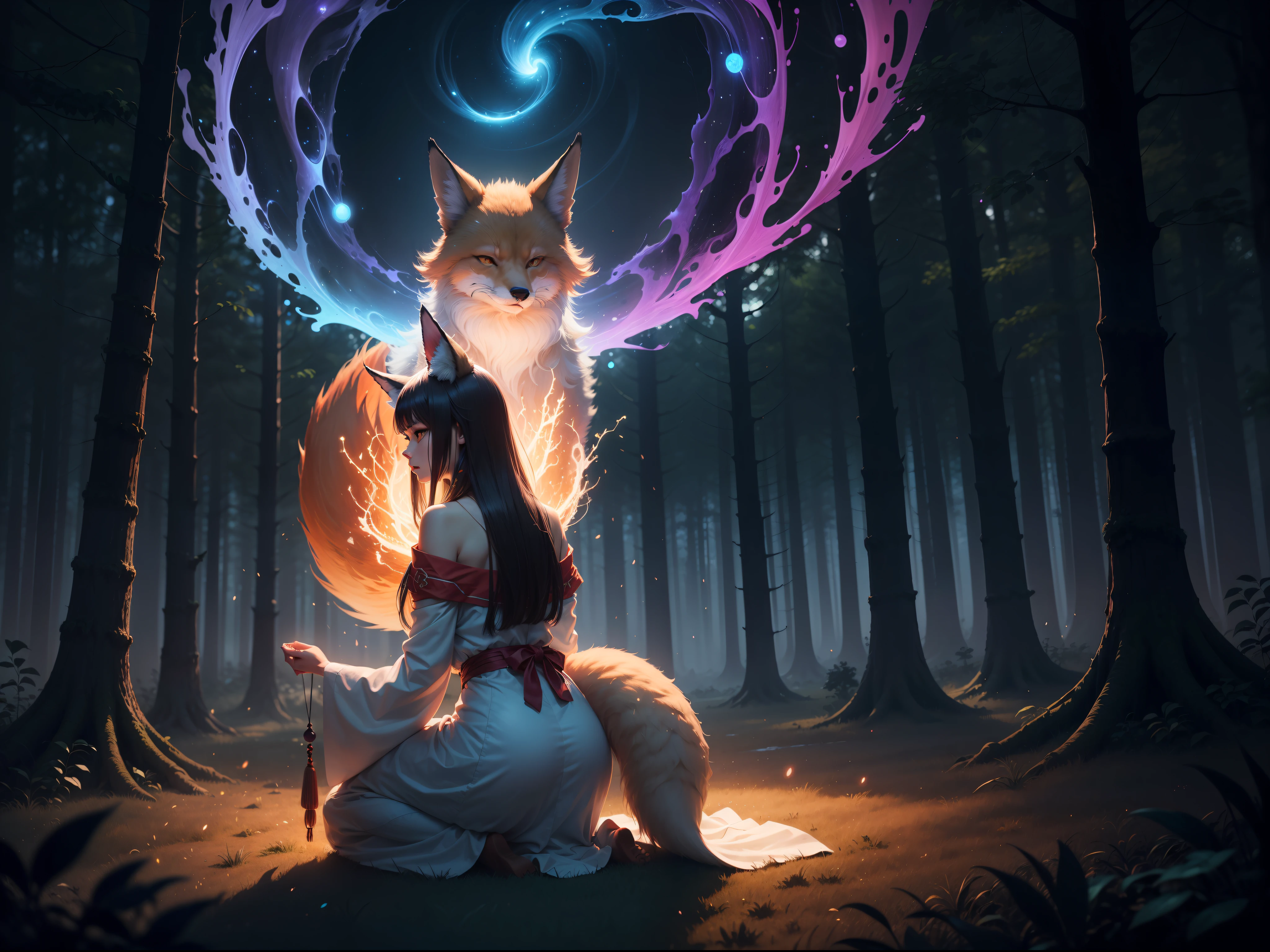 "Enchanting scene depicting a mystical forest(night) with a captivating nine-tailed fox(spirit, glowing, light particles)."