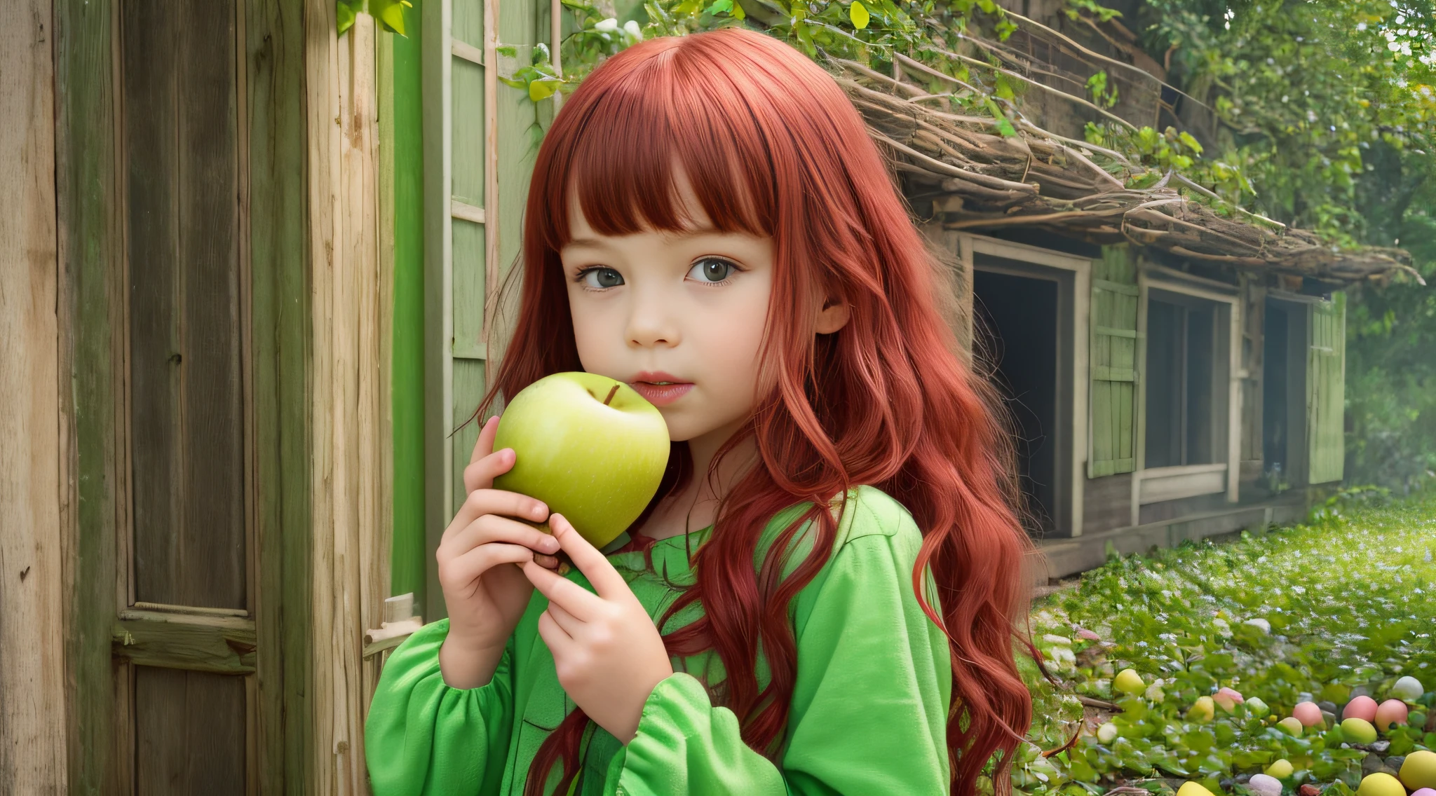 girl CHILD RED HAIR OF STRUTS, HOLDING TWO GREEN APPLES IN FRONT OF HER FACE, HOLDING AN APPLE, EATING ROTTEN FRUIT, A HOLDING APPLE IN HAND, GREEN APPLES, HOLDING MARACAS, WITH APPLE, SLIME, APPLES, SHE IS GUIDING A PEACH, SENTIENT FRUIT, GREEN SLIME, HOLDING EASTER EGGS, PROMO STILL, 3 4 5 3 1, photoshoot