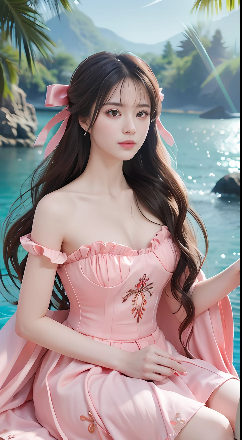 closeup on face, female pubic hair, Chinese wind, ancient wind, red color Hanfu, Seated position, long long hair, Delicate clothing patterns, elegant, ornate, elegent, seas, Red ribbon, Water magic, Water, Sense of brokenness, liuli, The underwater world, bubble, coral, Koi, Finned wings, Staff, pearl, aquamarine, closeup on face, twin braids, hair strand, diagonal bangs, hair ribbon, hair ornament, forehead jewel, jeweled branch of hourai, crescent hair ornament, fish hair ornament, god rays, sparkle, cinematic lighting, lens flare, UHD, high details, high quality, highres, best quality, 8k, 16k, high details, high quality, super detail, anatomically correct, masterpiece, ccurate