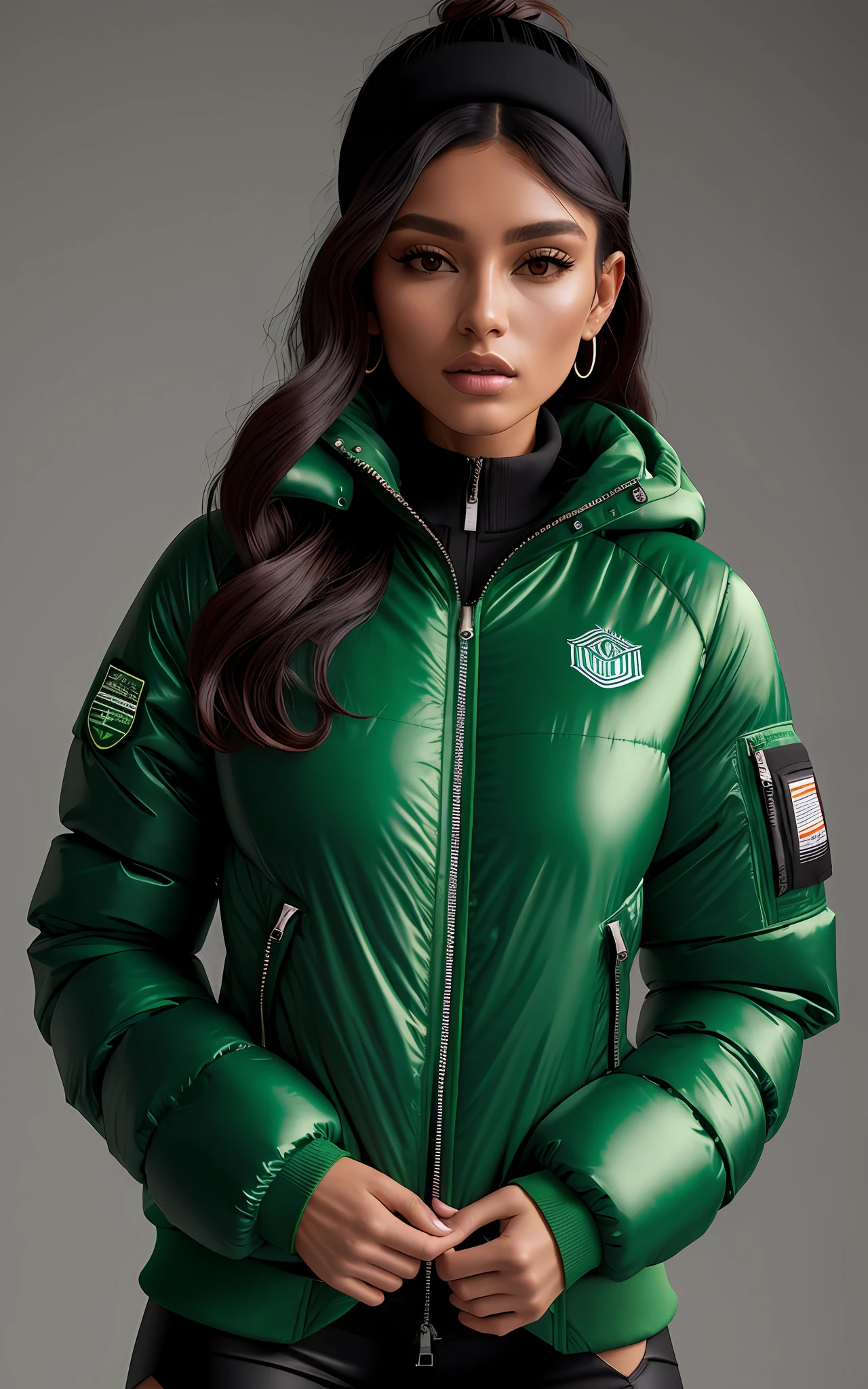 mulher seria em uma jaqueta verde escuro posando para uma foto, cabelo curto, vestindo jaqueta verde, jaqueta bomber verde, jaqueta curta, Fotografia de uma mulher techwear, modelo usa jaqueta puffer, Green Hood Behind, model is wearing techtical vest, vestindo jaqueta, jaqueta sobre tronco nu, verde escuro, vestindo jaqueta bomber verde escuro, jaqueta esportiva