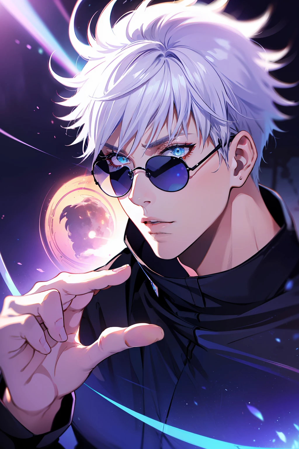 ((High detail、Cinematic lighting))、Messy white hair、Aquamarine eyes、White lashes、god rays、Ray tracing、drop shadow、optical illusion、Haut du corps、Looking at the camera、Masterpiece、((Super Detail、Best Quality、8K))、Jujutsu Kaisen、Gojo Gojo、Black attire、Surgical unfolding、Perfect jet black background、serene look、powerful being、Mystical atmosphere、(Strange moonlight、ominous shadows、 Intense blue aura、 Intense red aura、Symbol of the power that surrounds him、Radiating magical energy、Mystical artifacts、Ether particles、dinamic pose、Epic soundtrack、(((Detailed hand)))、sunglass