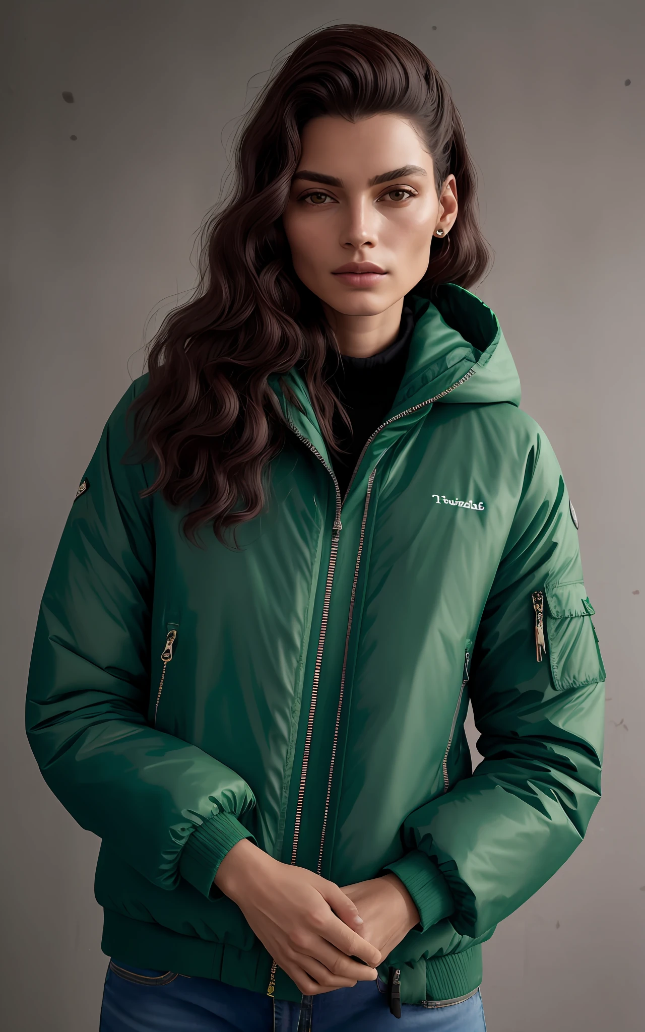 Serious woman with ((cabelo curto)) em uma jaqueta verde escuro posando para uma foto, Fotografia de uma mulher techwear, Directed by: Thomas Häfner, mulher techwear, medium close up, medium closeup shot, mid closeup, medium close - up, roupas esportivas, triunfo, Motivacional, hood behind, Modelo feminino, sazonal, vestindo jaqueta verde, verde escuro