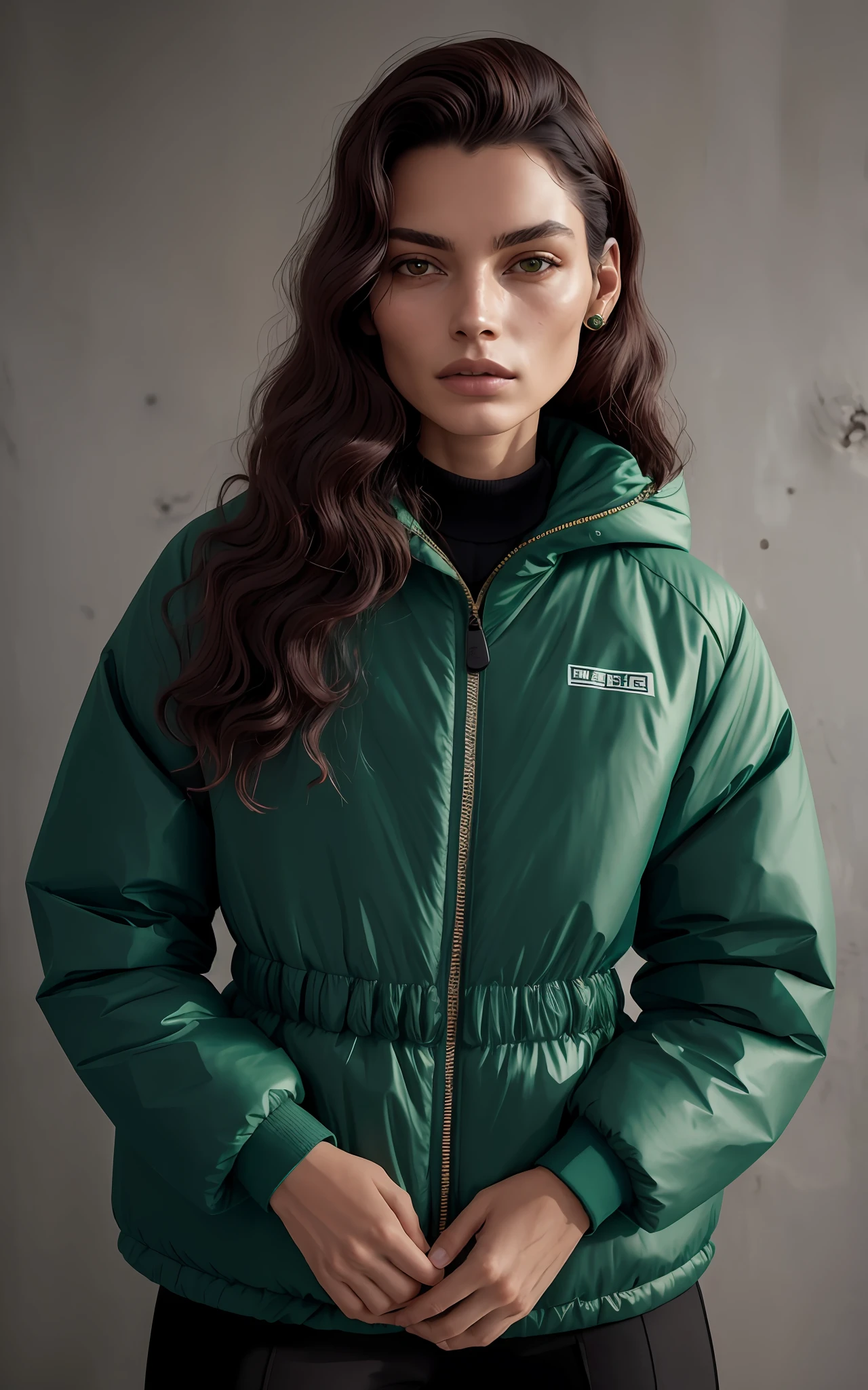 Serious woman with ((cabelo curto)) em uma jaqueta verde escuro posando para uma foto, Fotografia de uma mulher techwear, Directed by: Thomas Häfner, mulher techwear, medium close up, medium closeup shot, mid closeup, medium close - up, roupas esportivas, triunfo, Motivacional, hood behind, Modelo feminino, sazonal, vestindo jaqueta verde, verde escuro