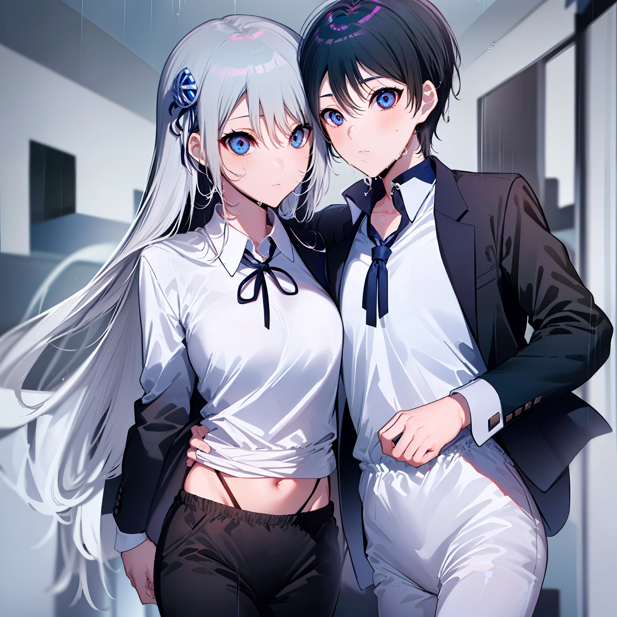 (((obra-prima))), (((melhor qualidade))), (((Somente duas pessoas diferentes))), (((Sozinhos))), alto, ((((((1boy with short black hair and 1girl with long gray hair are kissing)))))), ((((1girl she has gray hair with blue eyes and 1boy he has short black hair with red eyes who are classmates)))), ((((They have different hair colors and eyes do not confuse)))), (desenha Kei e kiyotaka ayanokouji olhando um para o outro), (2schoolmates who are Kei and kiyotaka ayanokouji looking at each other), (Kei1), (((((Ela tem olhos azuis))))), (ela tem cabelo longo), (ela usa um uniforme escolar), (ela tem fita), (ela tem franja), 鎖骨, (((ela tem cabelo grisalho))), (ela tem faixa de cabelo preto), (she has neck tape), (cabelo entre os olhos), (She has medium breasts), (Tiroteio de Cowboy), (she is looking seriously at Kiyotaka Ayanokuji), (anatomicamente correto corpo inteiro), (is standing in the street with rain falling), (esta com uma cara triste e preocupada), (Full detailed scenario), (1menino), (Kiyotaka Ayanokuji), (adolescente de 15 anos), (((ele usa uniforme escolar, camisa branca, Black jacket, jaqueta aberta, gravata vermelha, long black pants, sentado;))), ((((ele tem olhos vermelhos)))), ((ele tem cabelo preto curto)), (((corpo inteiro anatomicamente correto))), (((pernas normais))), (((ele usa sapatos pretos))), (ele esta olhando para Kei1), ((He's in front of Kei wanting to give her a kiss with his eyes closed)) , (he's facing Kei), (Cena emocionante), (misterioso), (Full scenario), ((((They're soaking up with a lot of passion and abrasion)))), ((((They are being wet by the rain along with their clothes)))), ((Their bodies are anatomically correct and detailed without errors))