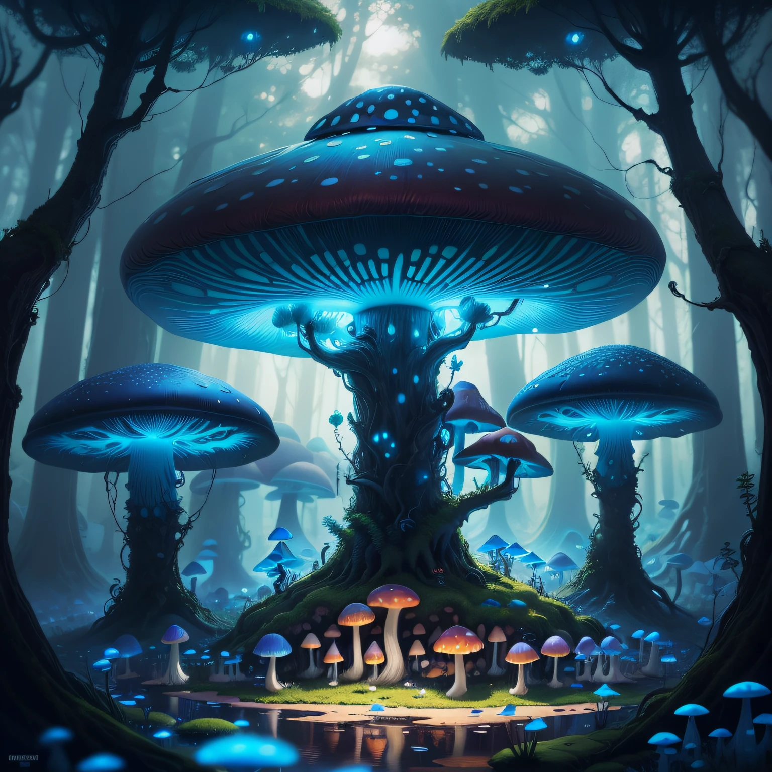 There is a fantastic mushroom forest painting, detailed digital 2d fantasy art, detailed fantasy digital art, highly detailed 4k digital art, digital 2d fantasy art, Bright blue mushrooms, Psychedelic Mushroom Dreams, Background Illustration, Detailed 4K digital art, magic mushroom, Bright blue mushrooms in the mud, magic mushroom, mushroom forest, colorfull digital fantasy art