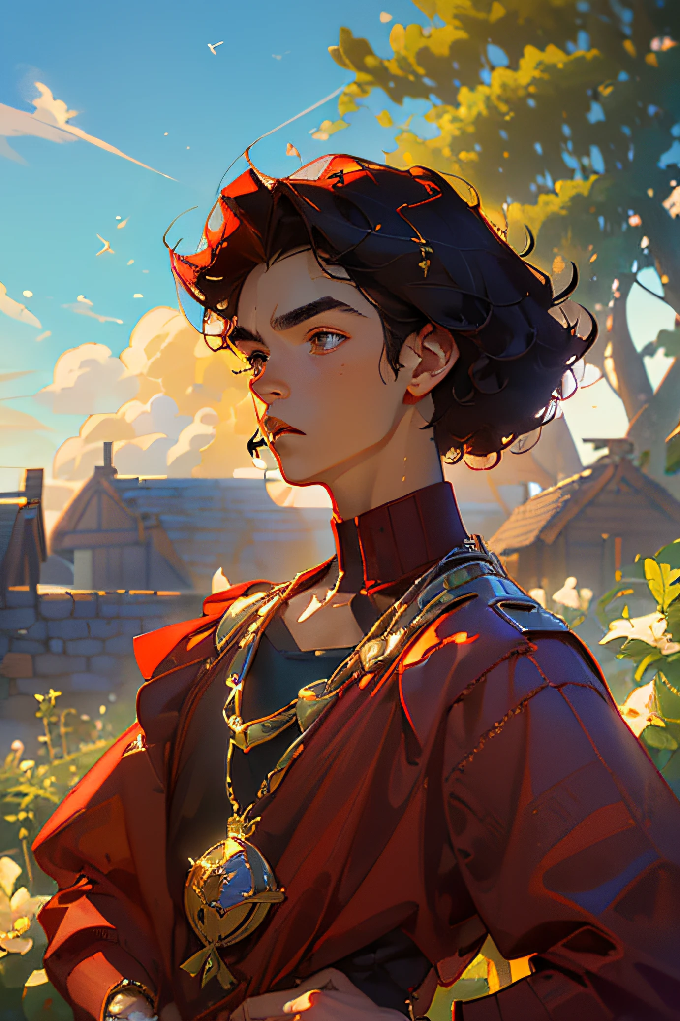 A Official art, masterpiece, sharp focus, two teenagers a (handsome brown South American teenage boy with short curly red hair, wearing crimson colored suit with assorted golden details, buttons, bracelets:1.3) and a (South American Teenager Pale face, black hair, dark sweatshirt and an amaranth flower between his ear:1.3), South American, realistic, ultra detailed, Handsome boys, blue sky, glow white particle, (side lighting:1.2), sunlight, white cloud, detailed clouds, , scenery, building, (village:1.7) A village with large cherry trees and bamboos that highlight a gigantic magical tower in the center of the village, epic scenery.