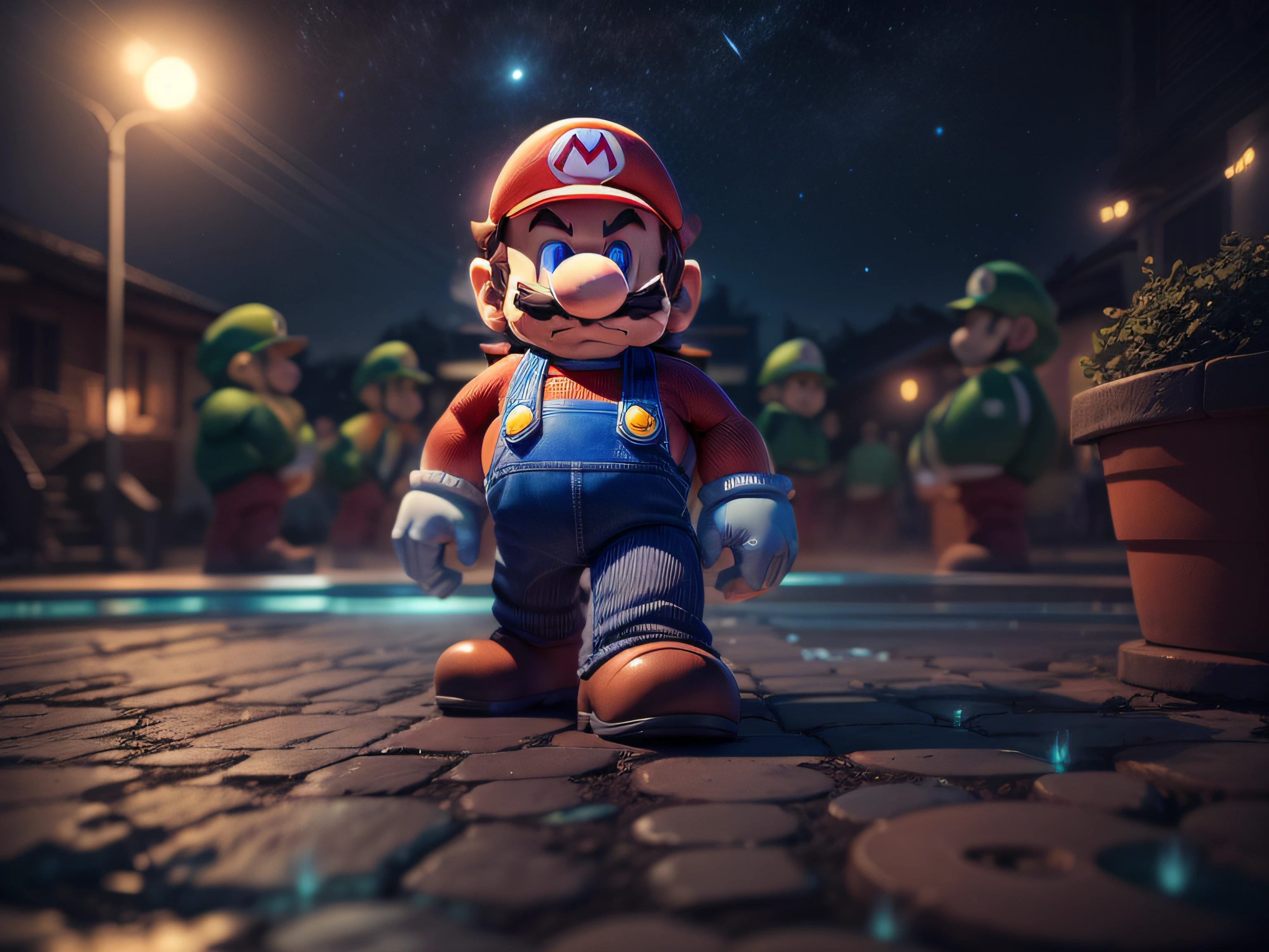 The imposing appearance of Super Mario Bros., menacing stare, ricamente detalhado, Hiper realista, 3D-rendering, obra-prima, NVIDIA, RTX, ray-traced, Bokeh, Night sky with a huge and beautiful full moon, estrelas brilhando,