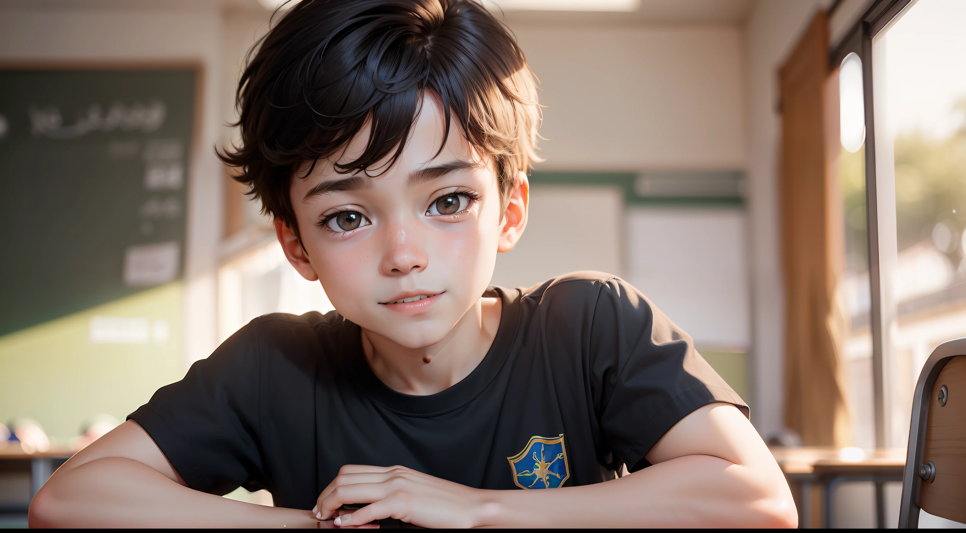 A boy, classroom in Brazil, t-shirt, talking to teacher, happy, perfect quality, clear focus (clutter - house: 0.8), (masterpiece: 1.2) (realistic: 1.2) (bokeh) (best quality) (detailed skin: 1.3) (intricate details) (8K) (detail eyes) (sharp focus), (happy), full body, clean background, long vision composition, 85MM SHOT