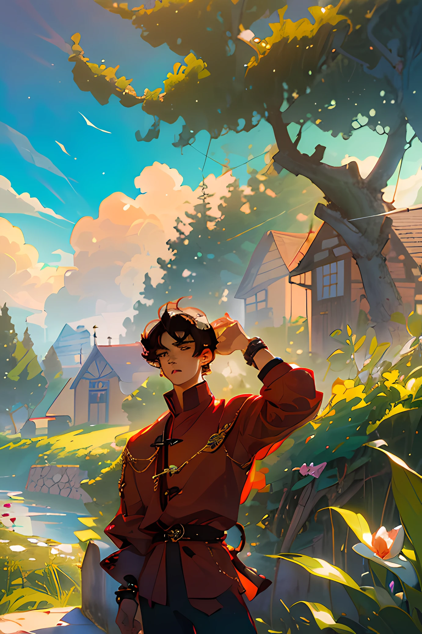 A Official art, masterpiece, sharp focus, two teenagers a (handsome brown South American teenage boy with short curly red hair, wearing crimson colored suit with assorted golden details, buttons, bracelets:1.3) and a (South American Teenager Pale face, black hair, dark sweatshirt and an amaranth flower between his ear:1.3), South American, realistic, ultra detailed, Handsome boys, blue sky, glow white particle, (side lighting:1.2), sunlight, white cloud, detailed clouds, , scenery, building, (village:1.7) A village with large cherry trees and bamboos that highlight a gigantic magical tower in the center of the village, epic scenery.