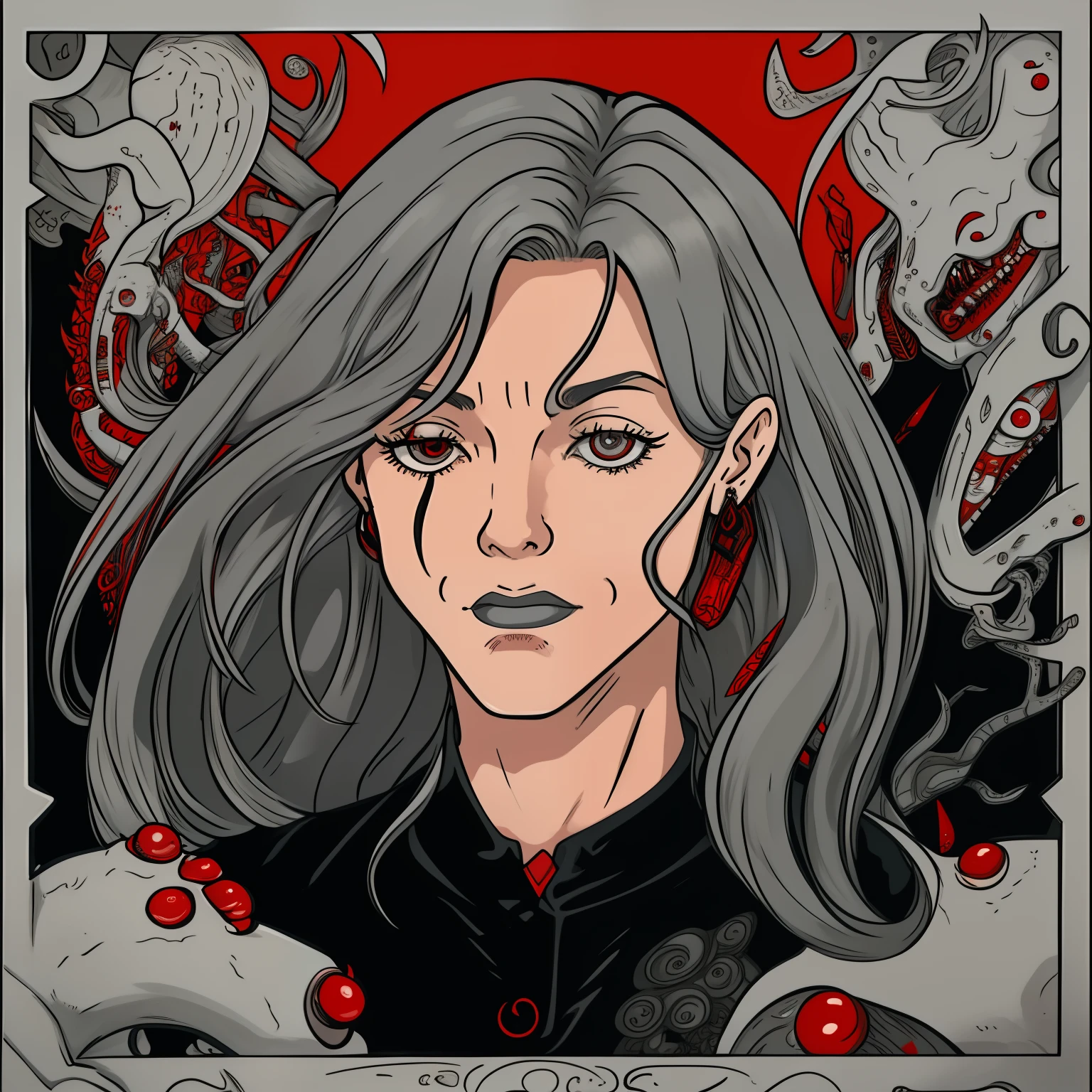 mellicent_ink, poster style, red, grey, white and black colors, portrait, 1girl, solo, grey hair, long hair, messy hair, devided by half, red test tubes on the left, left eye closed, right eye open, surrounded by red tentackles, lovecraft monsters on right, black background, pattern shading