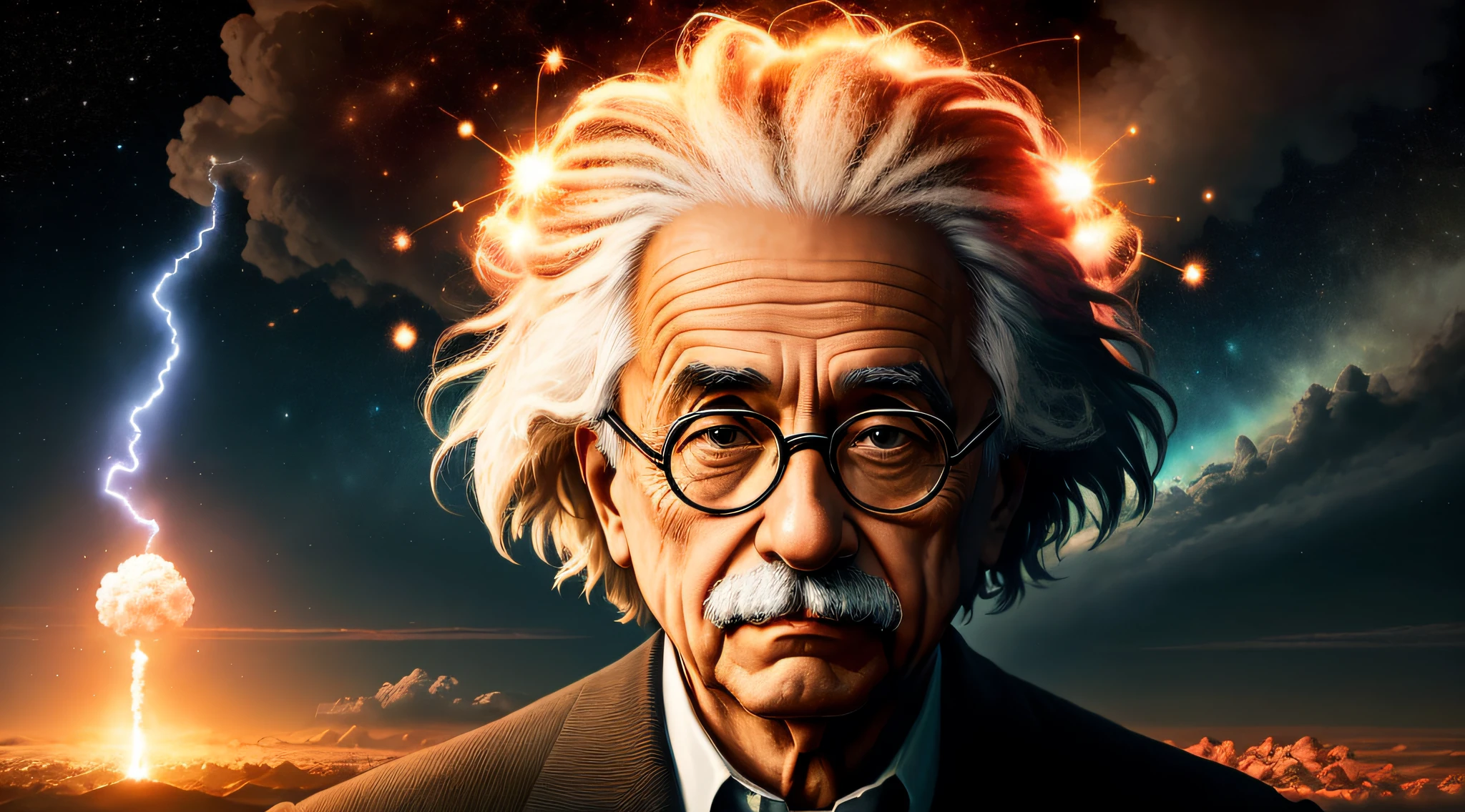Na imagem, vemos Albert Einstein, the celebrated physicist, before a symbolic representation of the atomic bomb. Seu rosto expressa uma mistura de tristeza, Concern and reflection, as he faces the magnitude of the implications of his own discovery.

The atomic bomb is symbolized by a bright and intensely luminous sphere, emanando energia destrutiva. An aura of dark-hued colors around her suggests the devastating consequences of her power.

As palavras "E = mc²" are present, flutuando ao redor de Einstein, reminding us of his famous equation that unraveled the connection between mass and energy, Enabling the development of the atomic bomb.

Ao fundo, Images of explosions and devastated cities evoke the destruction caused by the atomic bomb, emphasizing the gravity of his invention and the moral challenges Einstein faced in contributing to the project.

Nesta imagem, Albert Einstein is portrayed in a moment of deep reflection and awareness of the consequences of his scientific discoveries. He is a symbolic figure of the responsibility of scientists to consider the ethical and humanitarian implications of their research, reminding us of the power of science and the need to use it wisely and compassionately. The image is an impactful representation of the ethical dilemma that accompanied the development of the atomic bomb and underscores the importance of considering the social and human implications of scientific and technological advances.