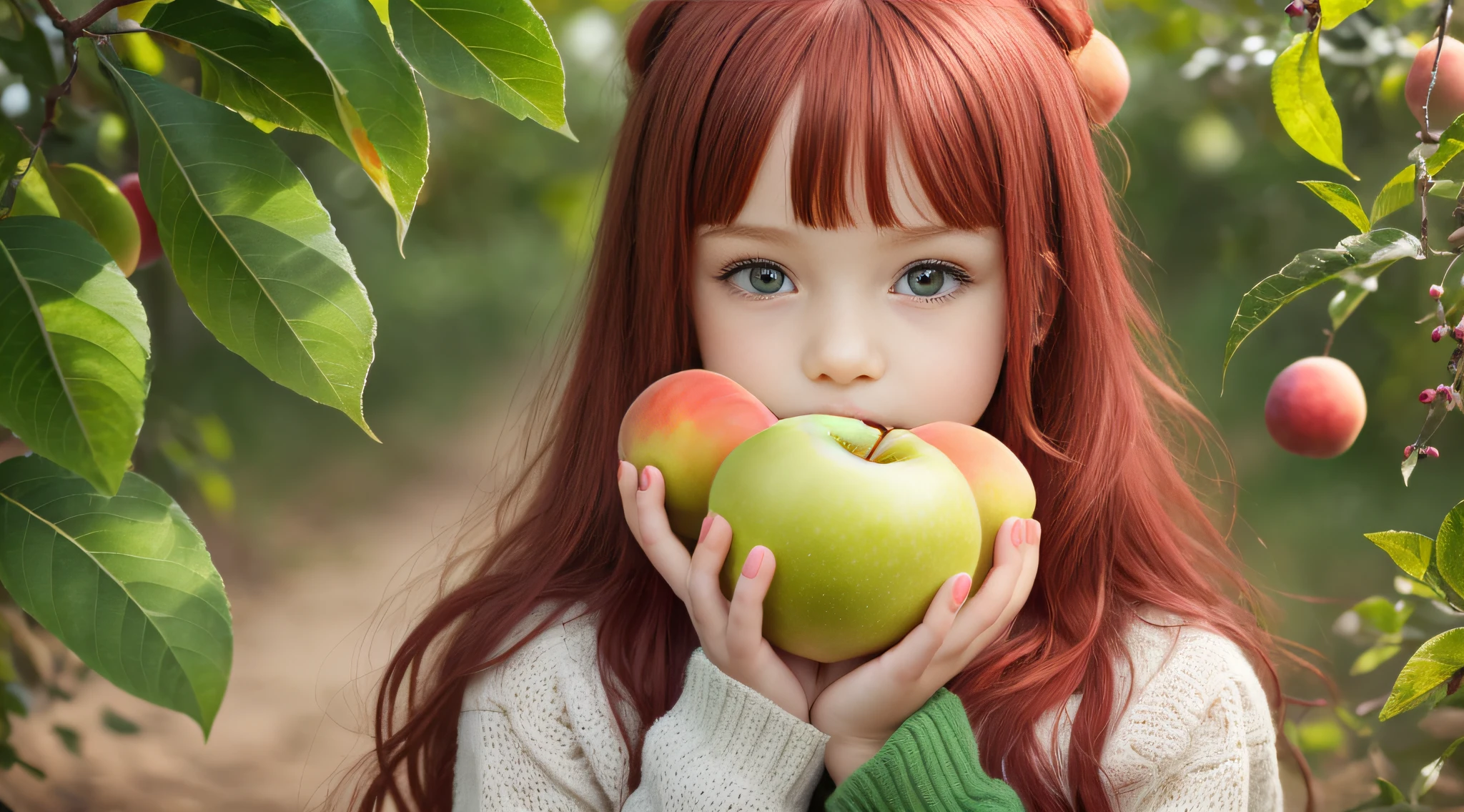 girl CHILD RED HAIR OF STRUTS, HOLDING TWO GREEN APPLES IN FRONT OF HER FACE, HOLDING AN APPLE, EATING ROTTEN FRUIT, A HOLDING APPLE IN HAND, GREEN APPLES, HOLDING MARACAS, WITH APPLE, SLIME, APPLES, SHE IS GUIDING A PEACH, SENTIENT FRUIT, GREEN SLIME, HOLDING EASTER EGGS, PROMO STILL, 3 4 5 3 1, photoshoot