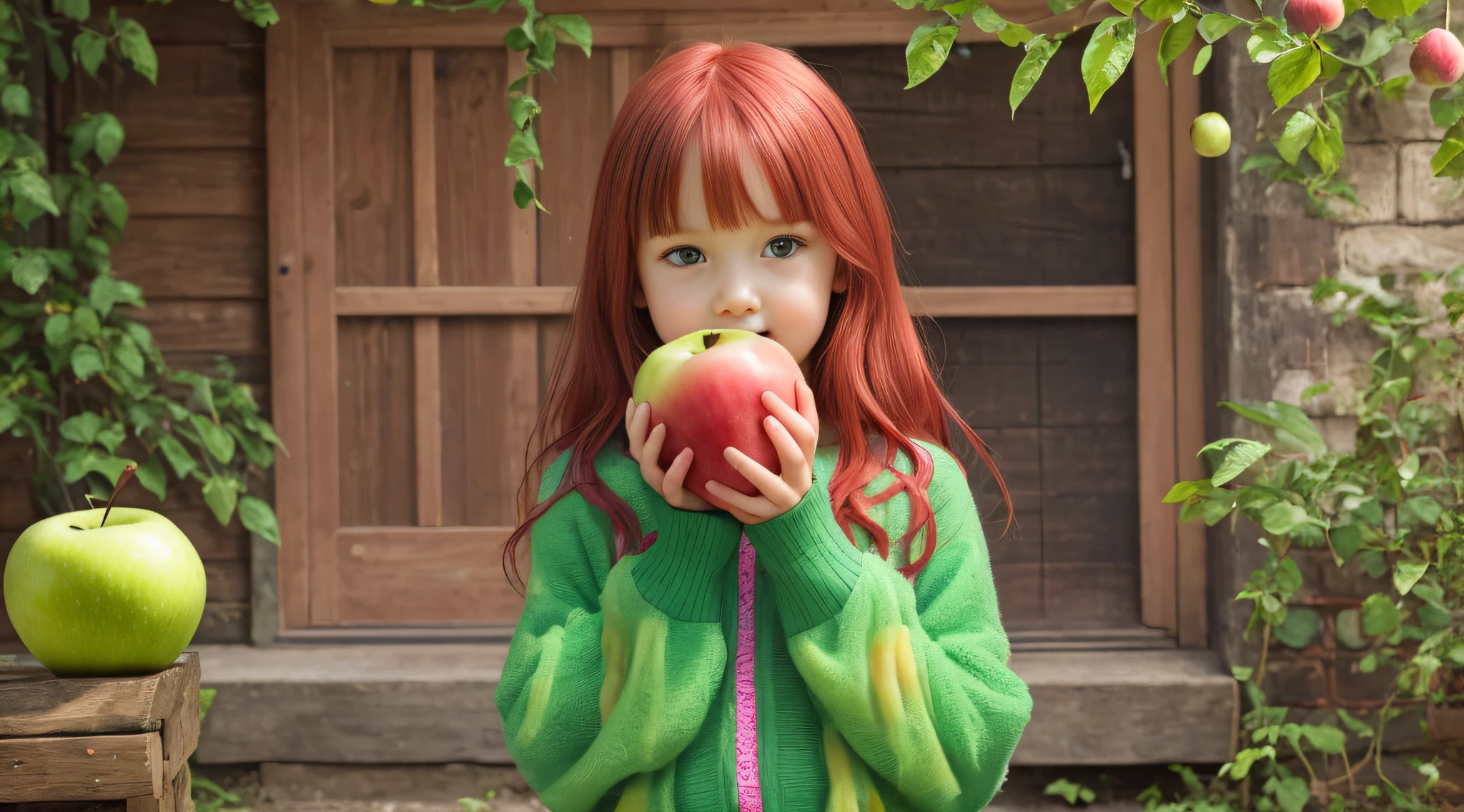 girl CHILD RED HAIR OF STRUTS, HOLDING TWO GREEN APPLES IN FRONT OF HER FACE, HOLDING AN APPLE, EATING ROTTEN FRUIT, A HOLDING APPLE IN HAND, GREEN APPLES, HOLDING MARACAS, WITH APPLE, SLIME, APPLES, SHE IS GUIDING A PEACH, SENTIENT FRUIT, GREEN SLIME, HOLDING EASTER EGGS, PROMO STILL, 3 4 5 3 1, photoshoot