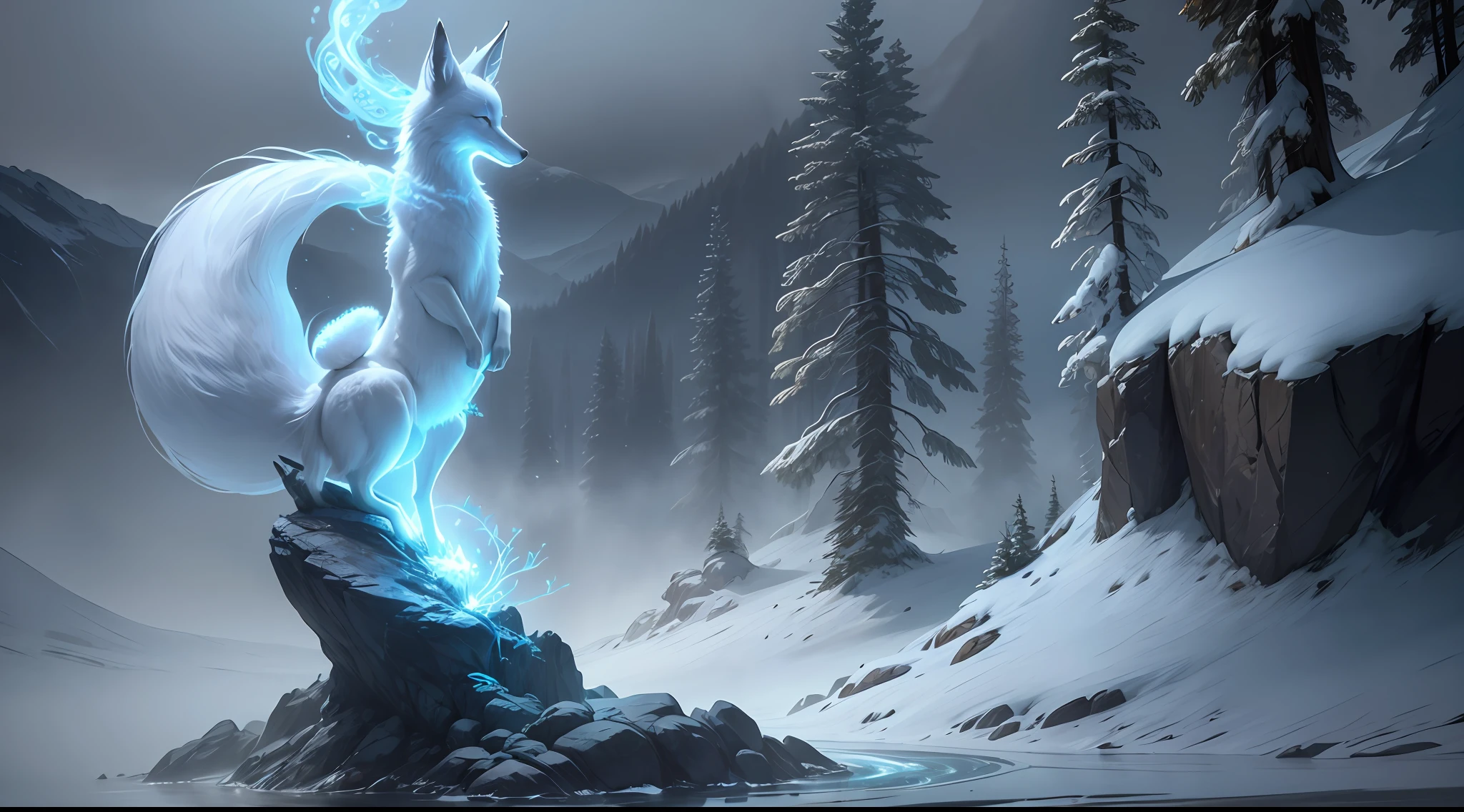 A white fox spirit materializes gracefully amidst a veil of swirling mist, perched elegantly on a weathered rock. Its ethereal form exudes an otherworldly charm, with hints of blue illuminating its pure white fur. The mist around the spirit dances and twists, seemingly drawn to its mystical presence.

The environment is a secluded mountain pass, where the fog cascades down the slopes like a flowing river. Ancient trees stand sentinel, their twisted branches reaching for the heavens. The rocky terrain beneath the fox's paws adds a sense of solidity to the otherwise dreamlike setting.

The atmosphere is one of enchantment and magic, as if the mountain pass is a gateway to the spirit realm. There's a feeling of reverence and respect for the fox spirit, as if it is a guardian of this sacred place.

The style for this image is an intricate 3D rendering, using advanced software and materials to create a lifelike representation of the white fox spirit and its misty surroundings. The artist pays meticulous attention to detail, from the fox's fur to the swirling mist, making the image come alive with a sense of ethereal beauty.
