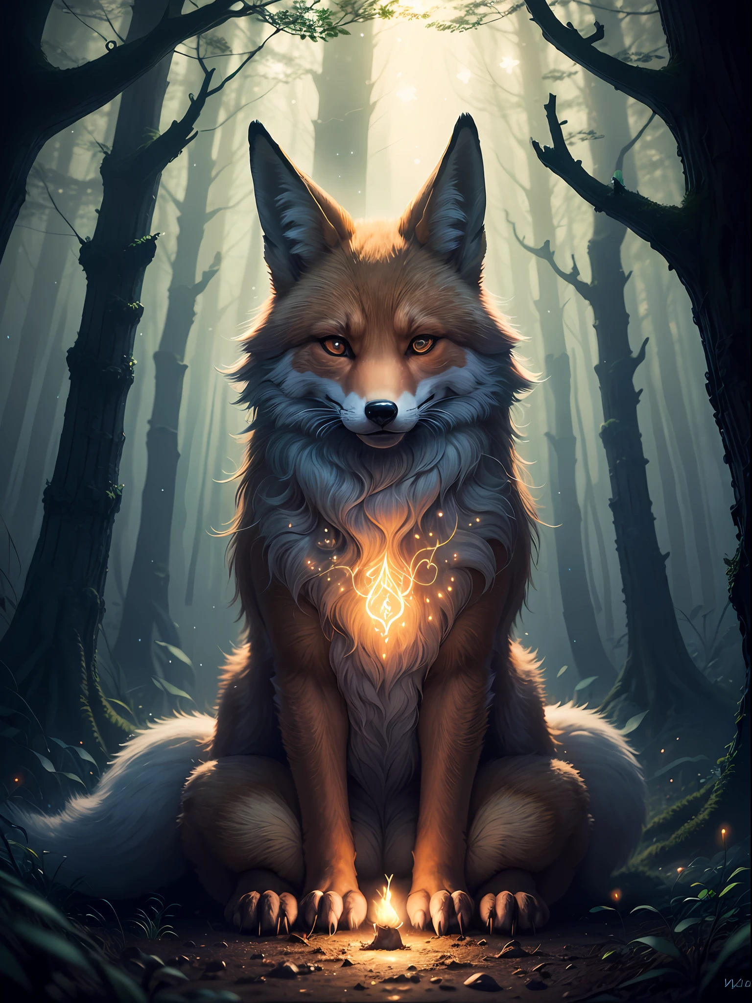 "Enchanting scene depicting a mystical forest(night) with a fox (light art) (spirit, glowing, light particles) no human."