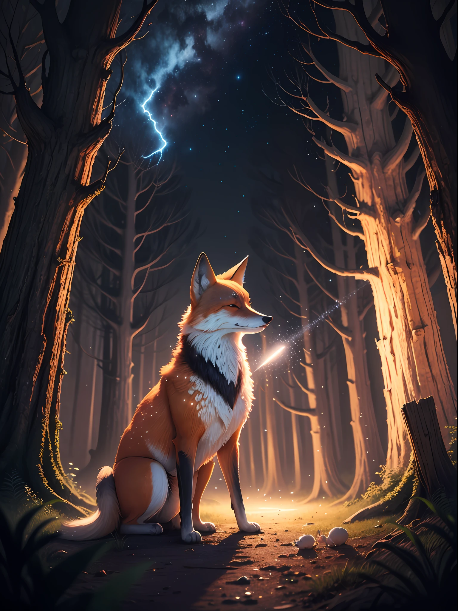 "Enchanting scene depicting a mystical forest(night) with a captivating fox(, glowing, light particles) no human."