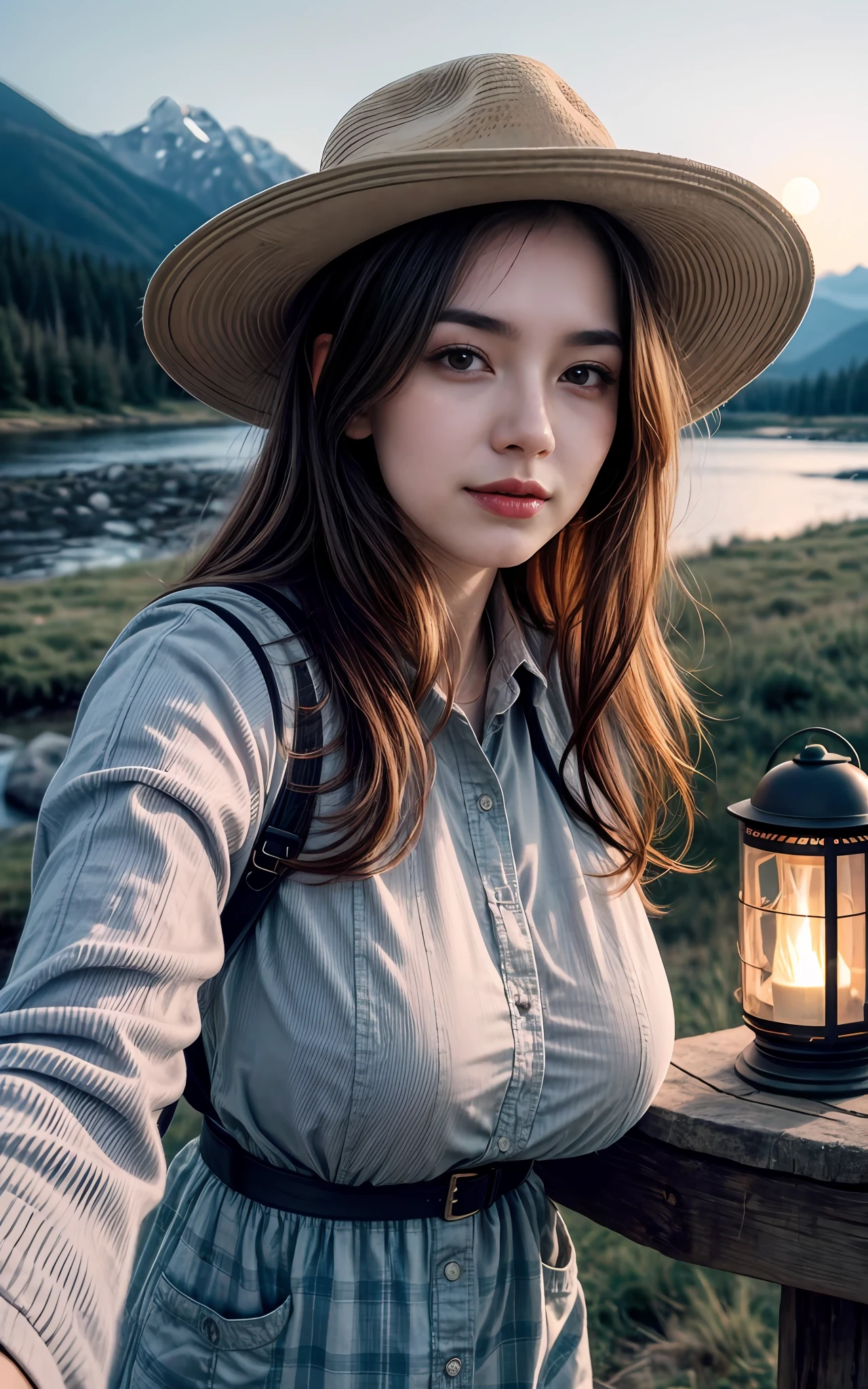1 woman ((upper body selfie, happy)), masterpiece, best quality, ultra-detailed, solo, outdoor, (night), mountains, nature, (stars, moon) cheerful, happy, backpack, sleeping bag, camping stove, water bottle, country boot, country hat, red plaid shirt long sleeve open, lantern, forest, rocks, river, wood, smoke, shadows, contrast, clear sky, style, (warm hue, warm tone: 1.2), close-up, cinematic light, side lighting, ultra high resolution, best shadow, RAW, upper body, wearing lingerie, seductive look, huge breasts, 4k, open neckline, sexy