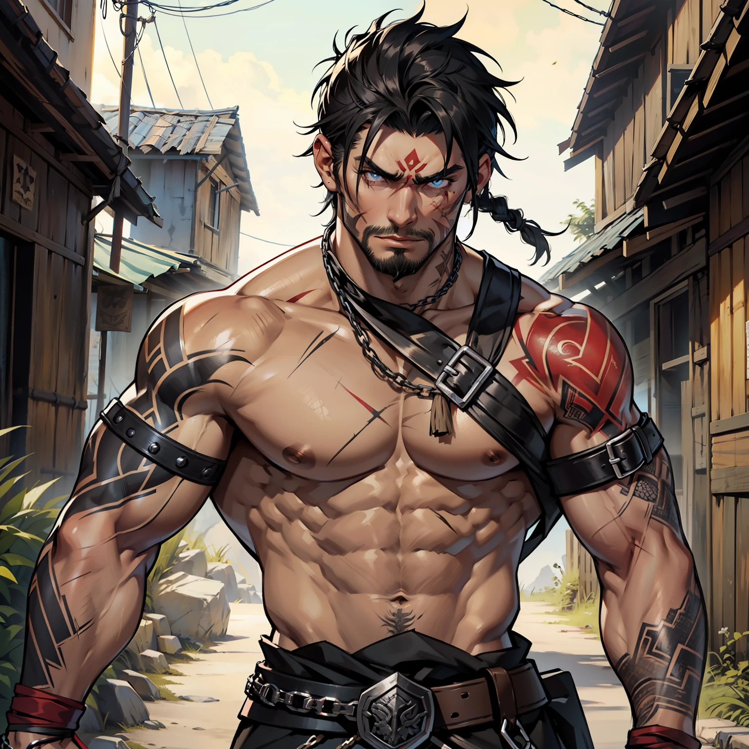 Black-haired warrior fighter with a rustic chain mail, Bands wrapped in hand, defined muscles, usando uma camisa preta, tattoo on upper arm, left arm badly bruised and with combat scars, barba rala.