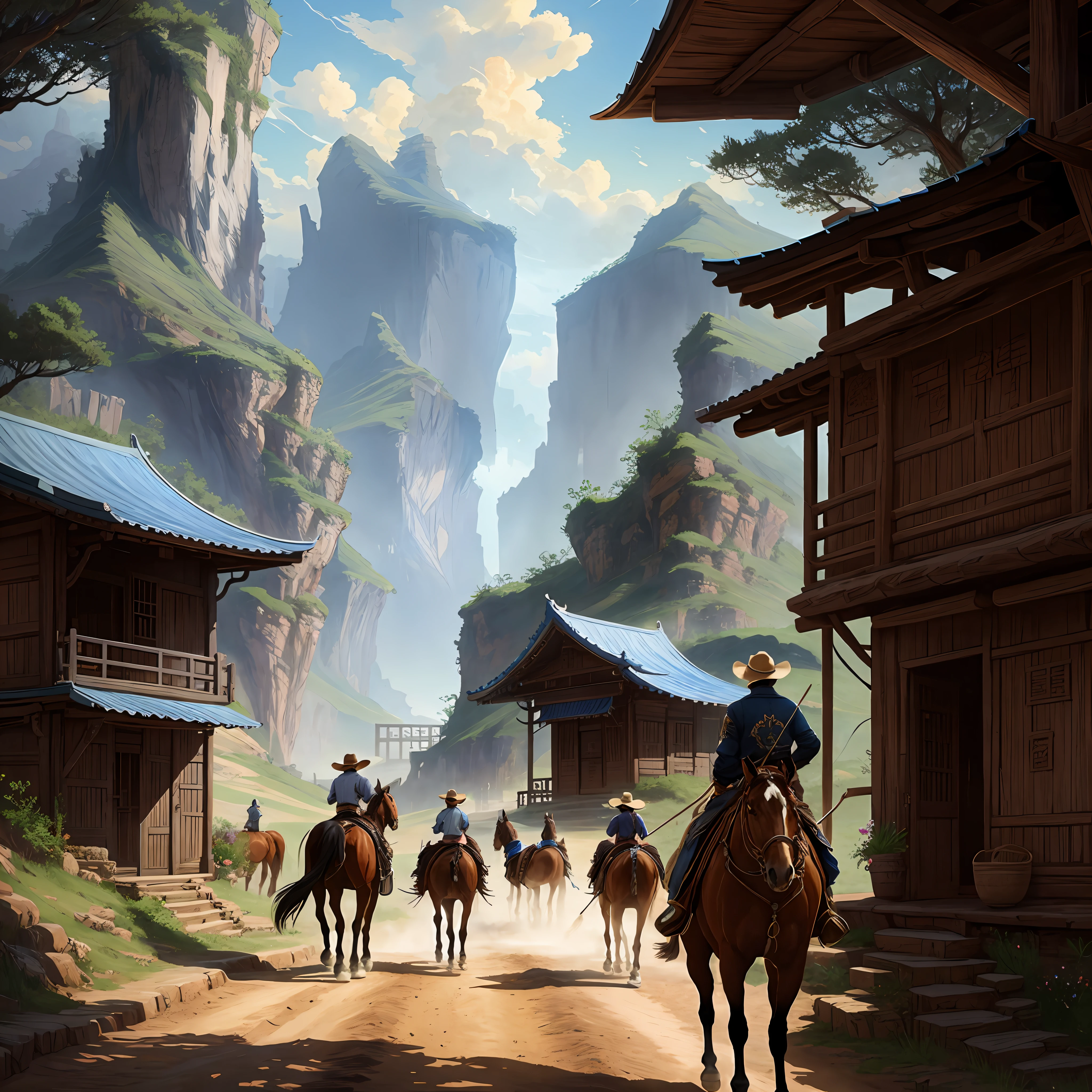 Cowboys are walking down a dirt road with their horses, detailed game art illustration, Game Illustration, 2. 5 d cgi anime fantasia arte, arte de fantasia digital 2d detalhada, pintado como uma arte conceitual de jogo, a beautiful artwork illustration, rob rey and kentarõ miura, scenery game concept art, CGSorthence e Fenghua Zhong