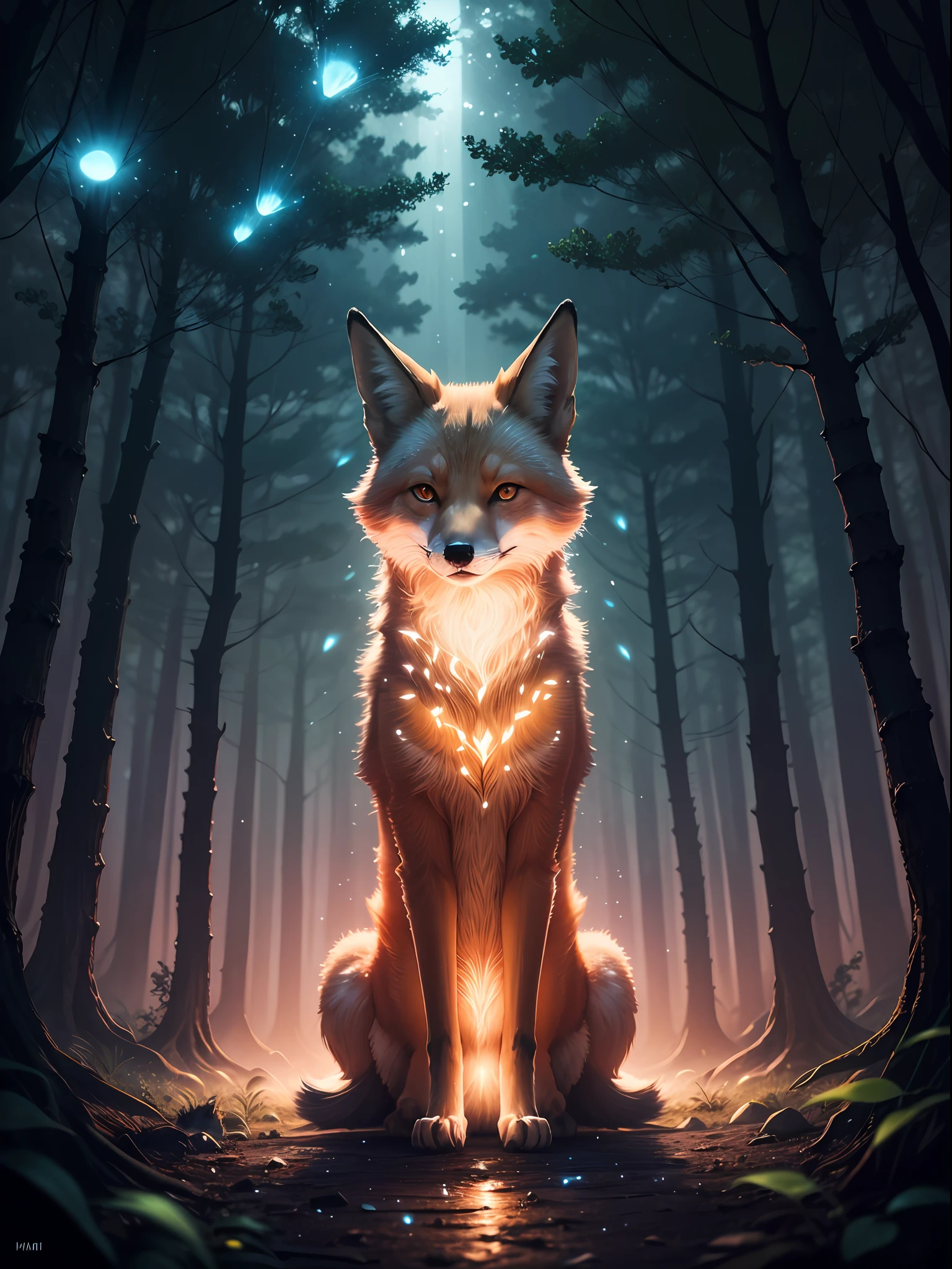 "Enchanting night scene with a mystical forest featuring a captivating glowing fox surrounded by mesmerizing light particles and a stunning light effect. No humans present."