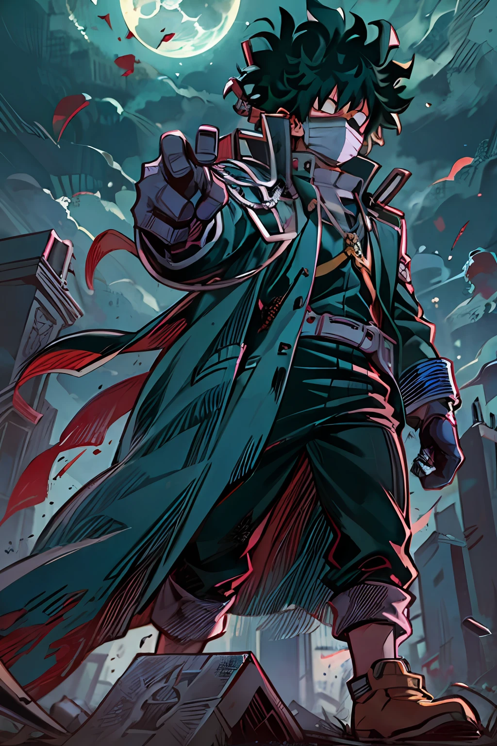 "(My Hero Academia) Izuku Midoriya, with a menacing appearance, stands confidently on a hill of gravestones, donned in a dark robe and a plague doctor's mask. His grip tightens around a scythe in one hand, while in the other, he holds a crimson moon, radiating an eerie glow."