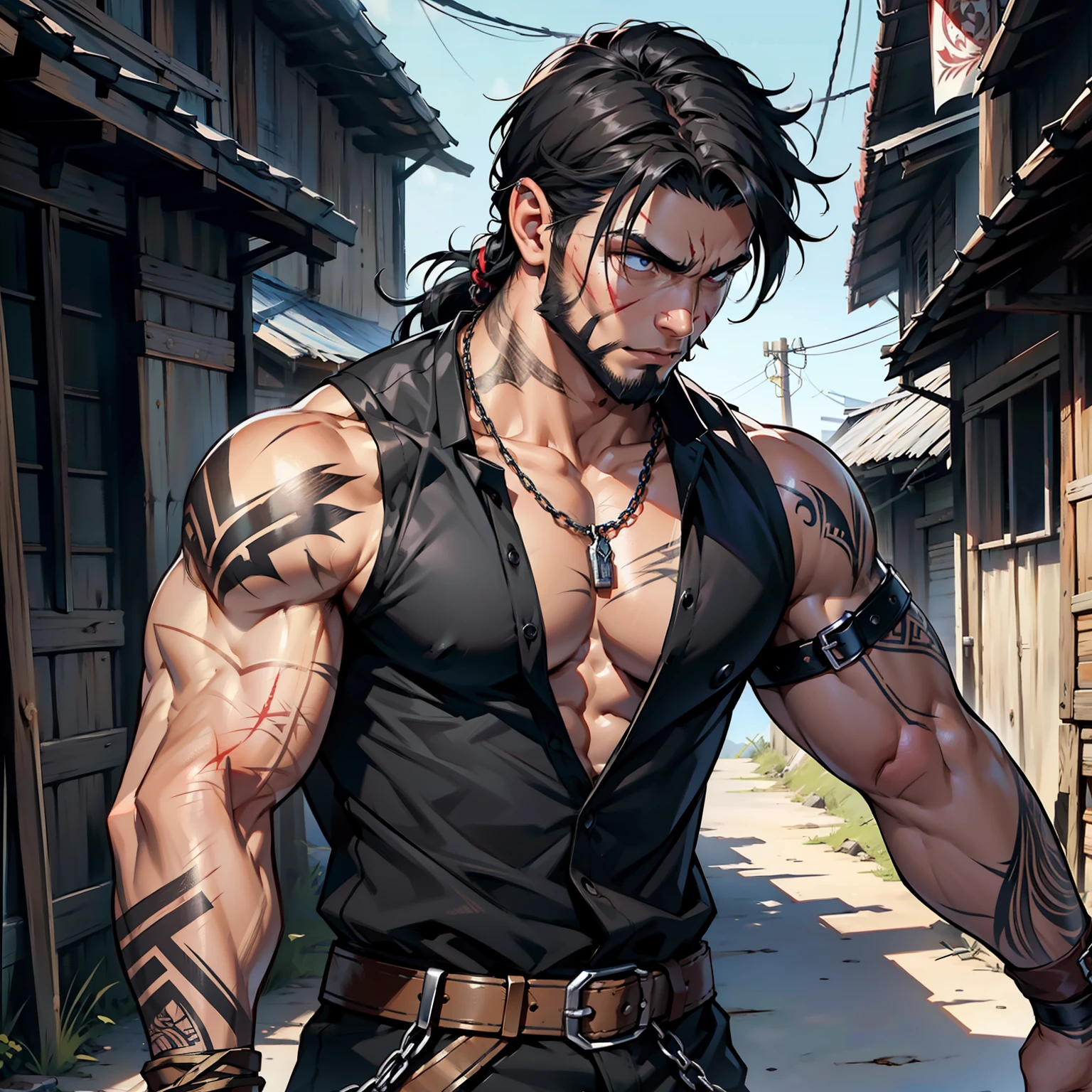 Black-haired warrior fighter with a rustic chain mail, Bands wrapped in hand, defined muscles, usando uma camisa preta, tattoo on upper arm, left arm badly bruised and with combat scars, barba rala.