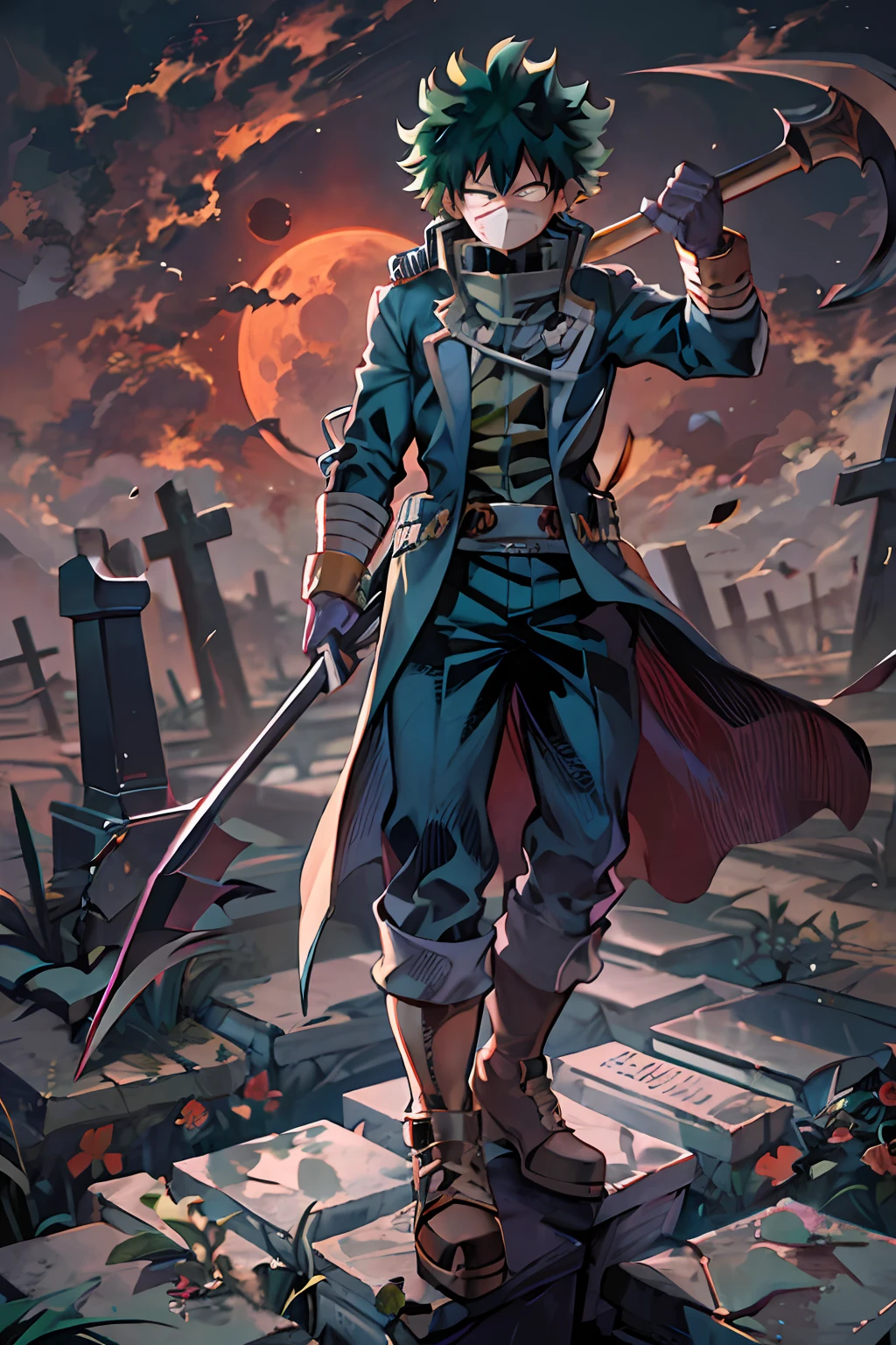 "(My Hero Academia) Izuku Midoriya, with a menacing appearance, stands confidently on a hill of gravestones, donned in a dark robe and a plague doctor's mask. His grip tightens around a scythe in one hand, while in the other, he holds a crimson moon, radiating an eerie glow."