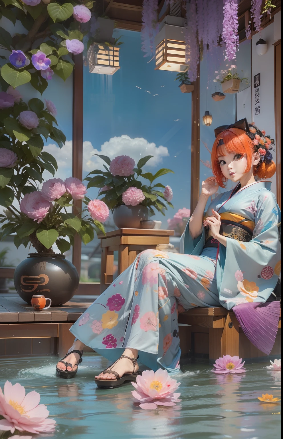 1 gadis, memakai kimono warna ungu, memiliki rambut keriting warna orange, duduk di atas genangan air, seperti 3d, cantik dan mukanya sayu