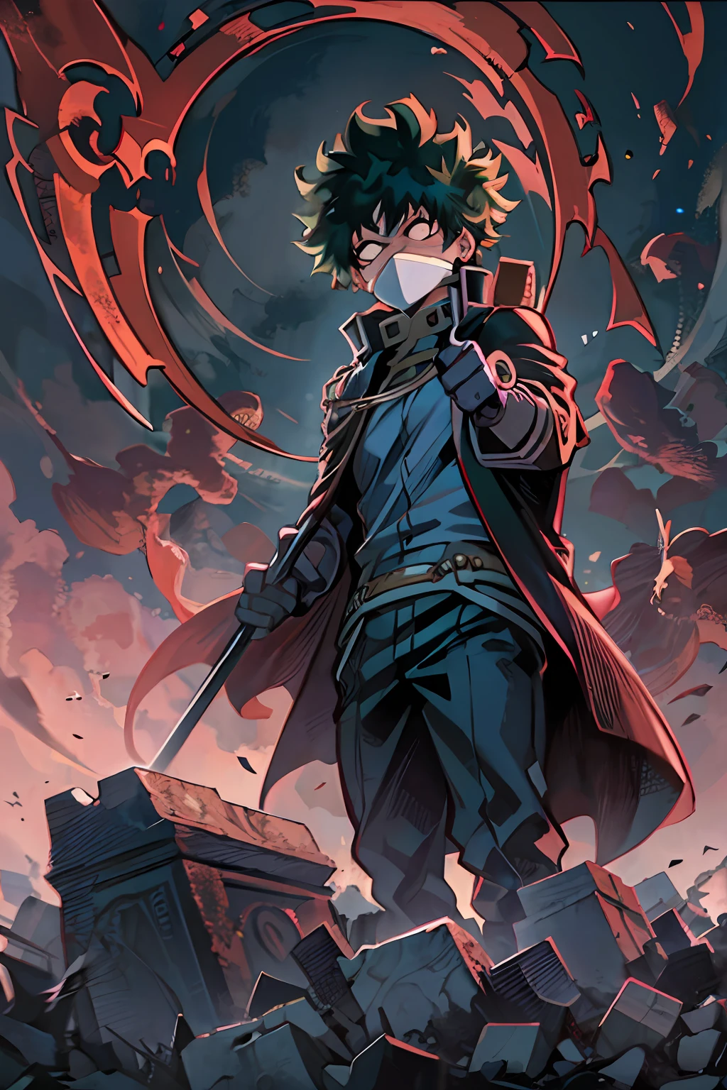 "(My Hero Academia) Izuku Midoriya, with a menacing appearance, stands confidently on a hill of gravestones, donned in a dark robe and a plague doctor's mask. His grip tightens around a scythe in one hand, while in the other, he holds a crimson moon, radiating an eerie glow."