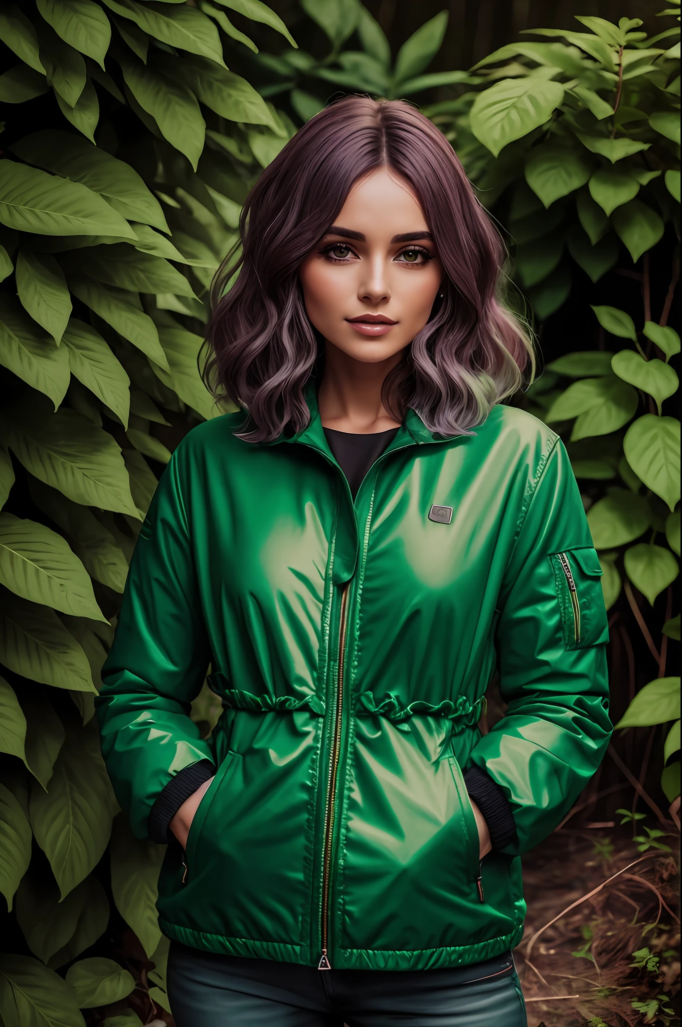 Mulher de cabelo curto preso em uma jaqueta verde escuro posando para uma foto, verde floresta, Retrato no meio da foto, mulher techwear, foto de retrato, close up foto de retrato, Foto de perfil, verde escuro, foto de retrato em close-up, medium closeup shot, vestindo jaqueta verde, Fotografia de uma mulher techwear, fotografia de roupas, tons vibrantes, verde profundo, with vegetation