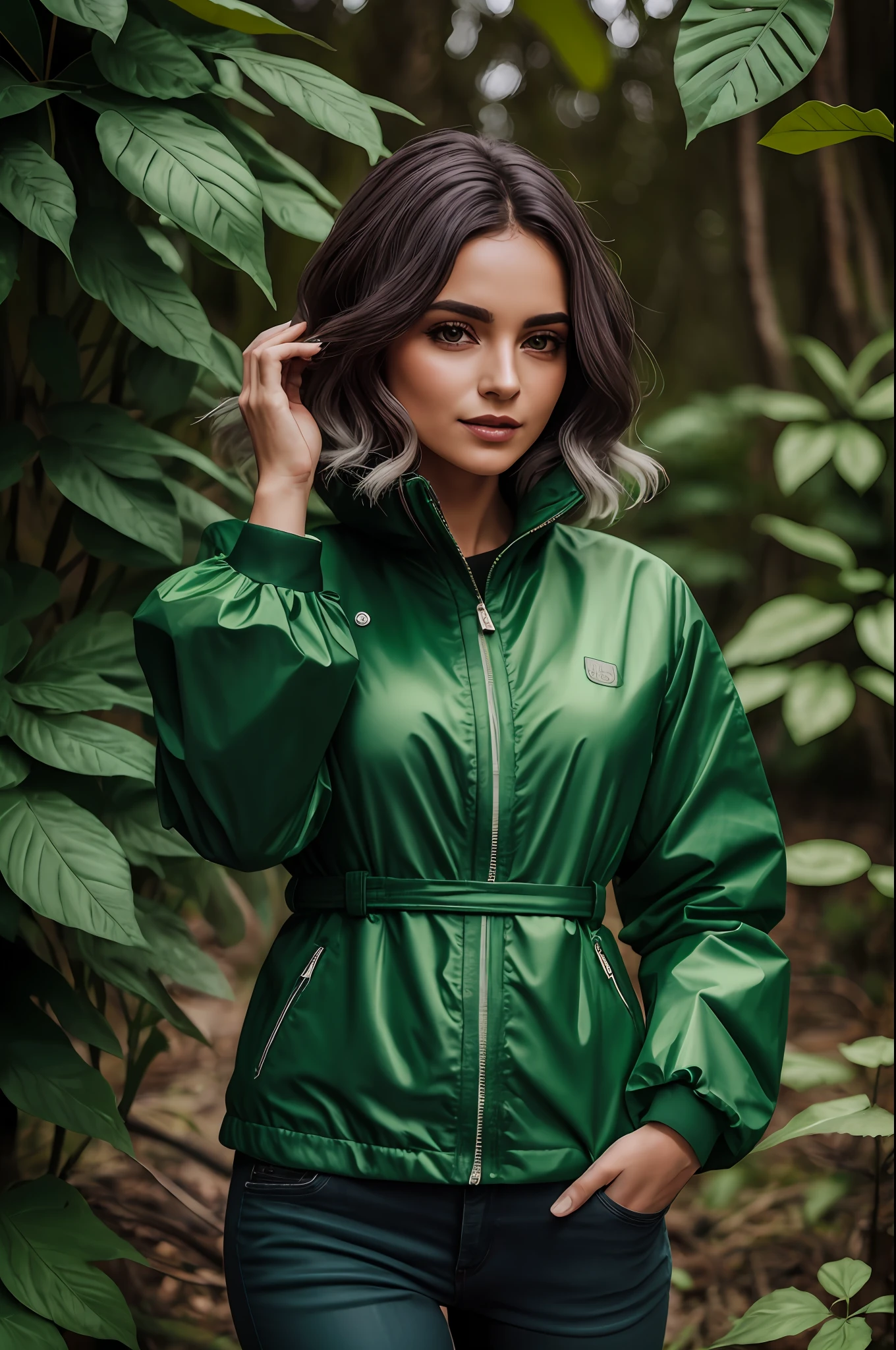 Mulher de cabelo curto preso em uma jaqueta verde escuro posando para uma foto, verde floresta, Retrato no meio da foto, mulher techwear, foto de retrato, close up foto de retrato, Foto de perfil, verde escuro, foto de retrato em close-up, medium closeup shot, vestindo jaqueta verde, Fotografia de uma mulher techwear, fotografia de roupas, tons vibrantes, verde profundo, with vegetation