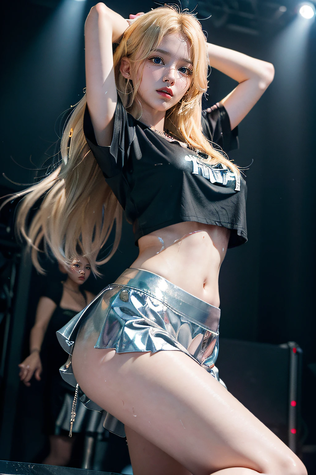 ((Blue Eyes)), Seductive Face, ((Sana Minatozaki)), ((Sana twice)), Rubber, ((wears a silver skirt and black t-shirt, white sneakers)), ((dancing on a stage)), Necklace, (Best Quality, 8k, Masterpiece: 1.3)) ), Clear Focus: 1.2, (Layered Cut, Large: 1.2), Perfect Body Beauty: 1.4, Slender Abs: 1.2, Wet Body: 1.5 , Very detailed face and skin texture, detailed eyes, double eyelids, ((long blonde hair)), long legs, wide hips, big boobs, beautiful tits