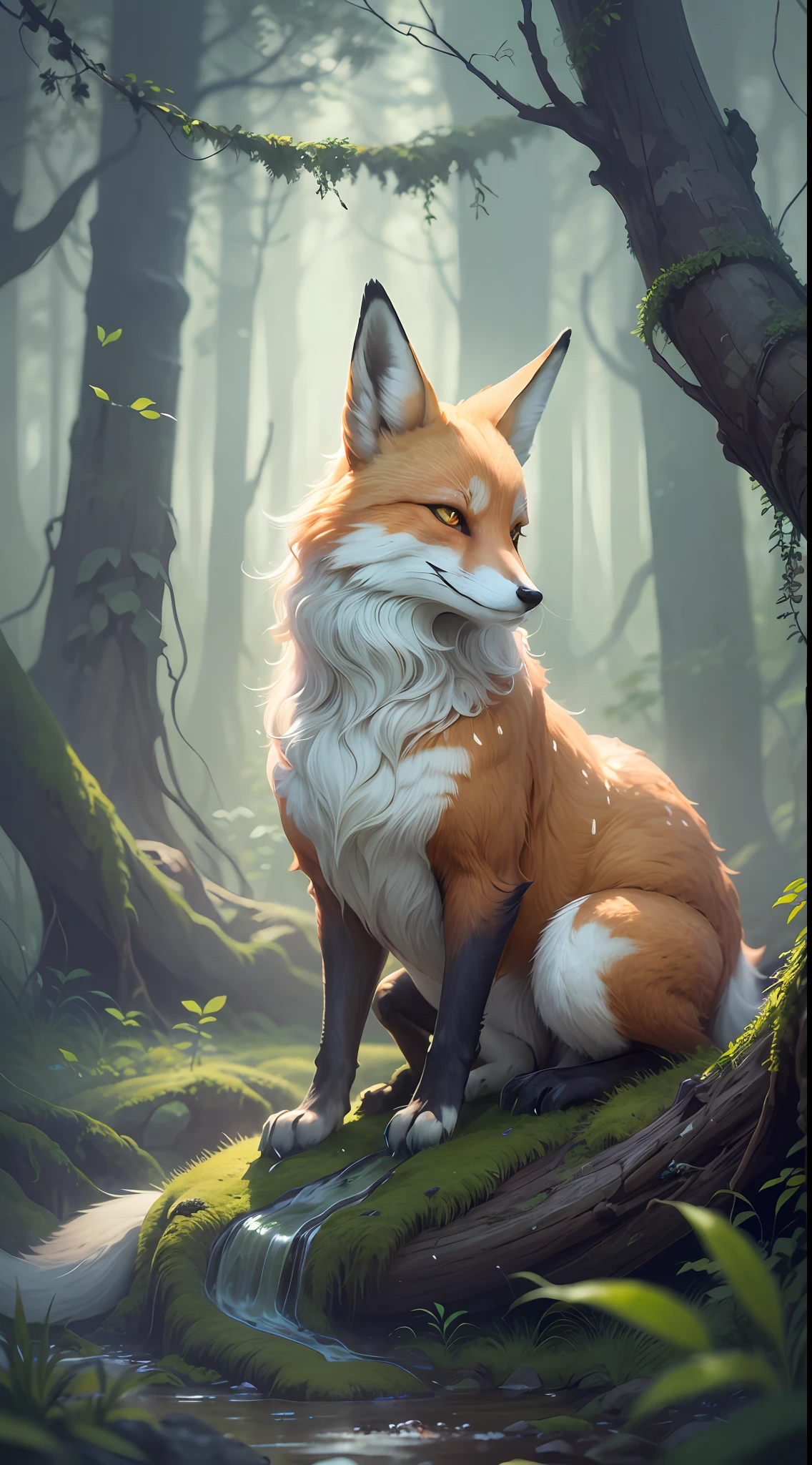 Below the fox spirit, the misty veil continues to cloak the forest floor in a soft, ethereal embrace. Delicate tendrils of mist rise and sway like spectral wisps, adding an enchanting touch to the already mystical scene.
The fox's paws rest gracefully on the moss-covered rock, leaving faint impressions that seem to blend with the natural world around it. The intricate patterns on its fur become more intricate and mesmerizing, as if they hold the secrets of the universe.
As we look down, we see that the forest floor is adorned with a carpet of vibrant green moss and scattered fallen leaves. The forest itself appears almost timeless, with ancient trees standing tall, their gnarled roots spreading like veins across the earth.
The atmosphere is one of serene wonder, inviting us to explore the hidden depths of this magical realm. It's as if time slows down in this sacred space, where the fox spirit and the mist coexist in harmony.
The style for this image maintains the captivating illustration we started with, but now with a focus on the mystical forest floor and the intricate details below the fox spirit. The artist uses a combination of watercolor and digital techniques, adding depth and richness to the scene. This perspective from below allows us to fully immerse ourselves in the fox spirit's magical world and discover the enchanting beauty that lies beneath.