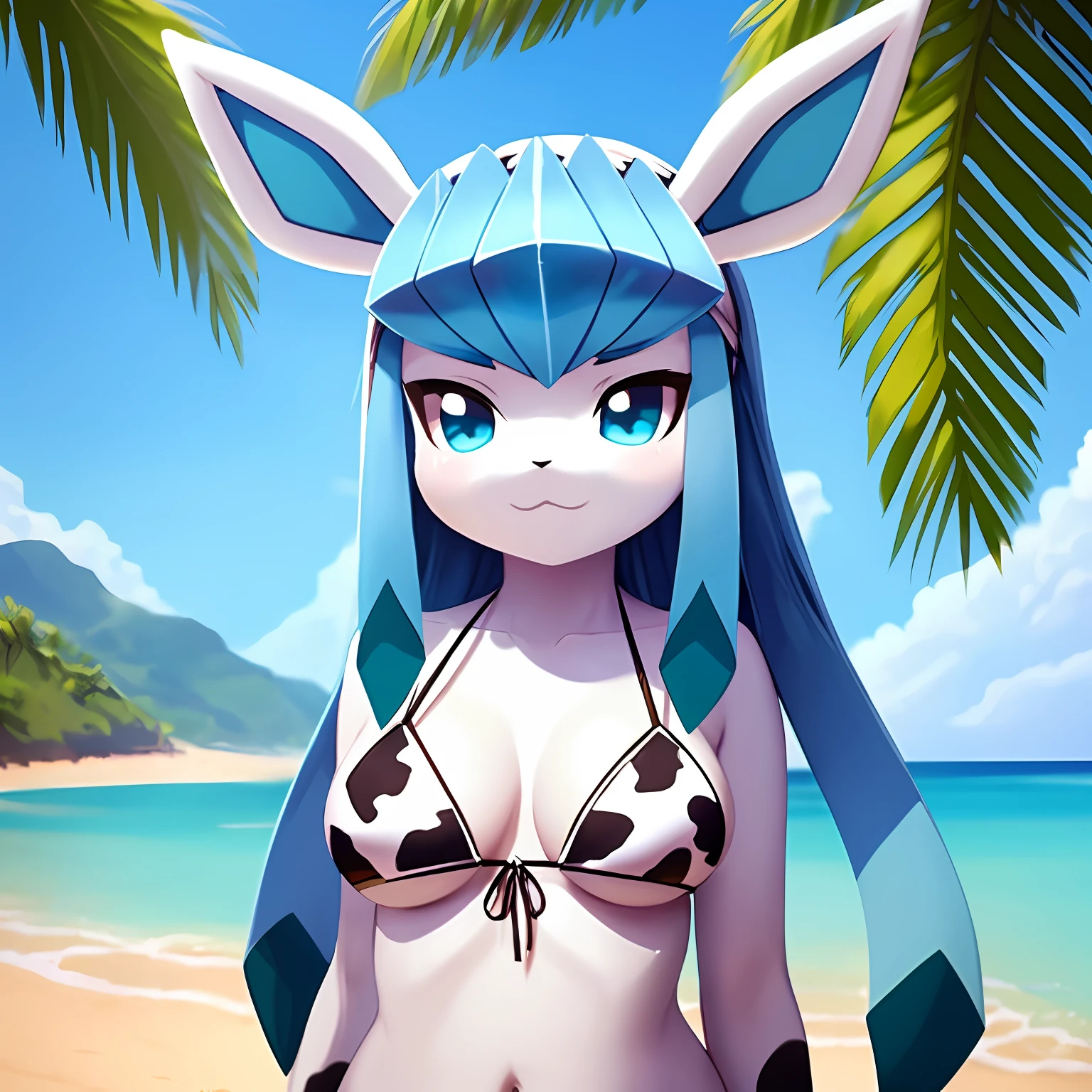 glaceon, Beautiful Art Style, 1girl, solo, playa, bikini, cow print clothes, cow print bikini.