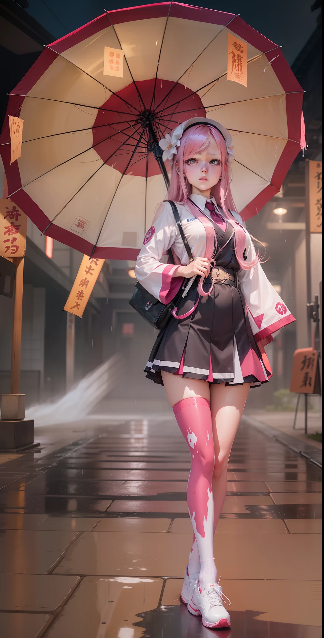 A girl with pink long hair wearing school uniform, holding umbrella, exorcist theme, white shoes, fire theme,wet floor, night japanese temple, white uniform, cute, amazing, best quality, high resolution, 8k, ultra realistic,