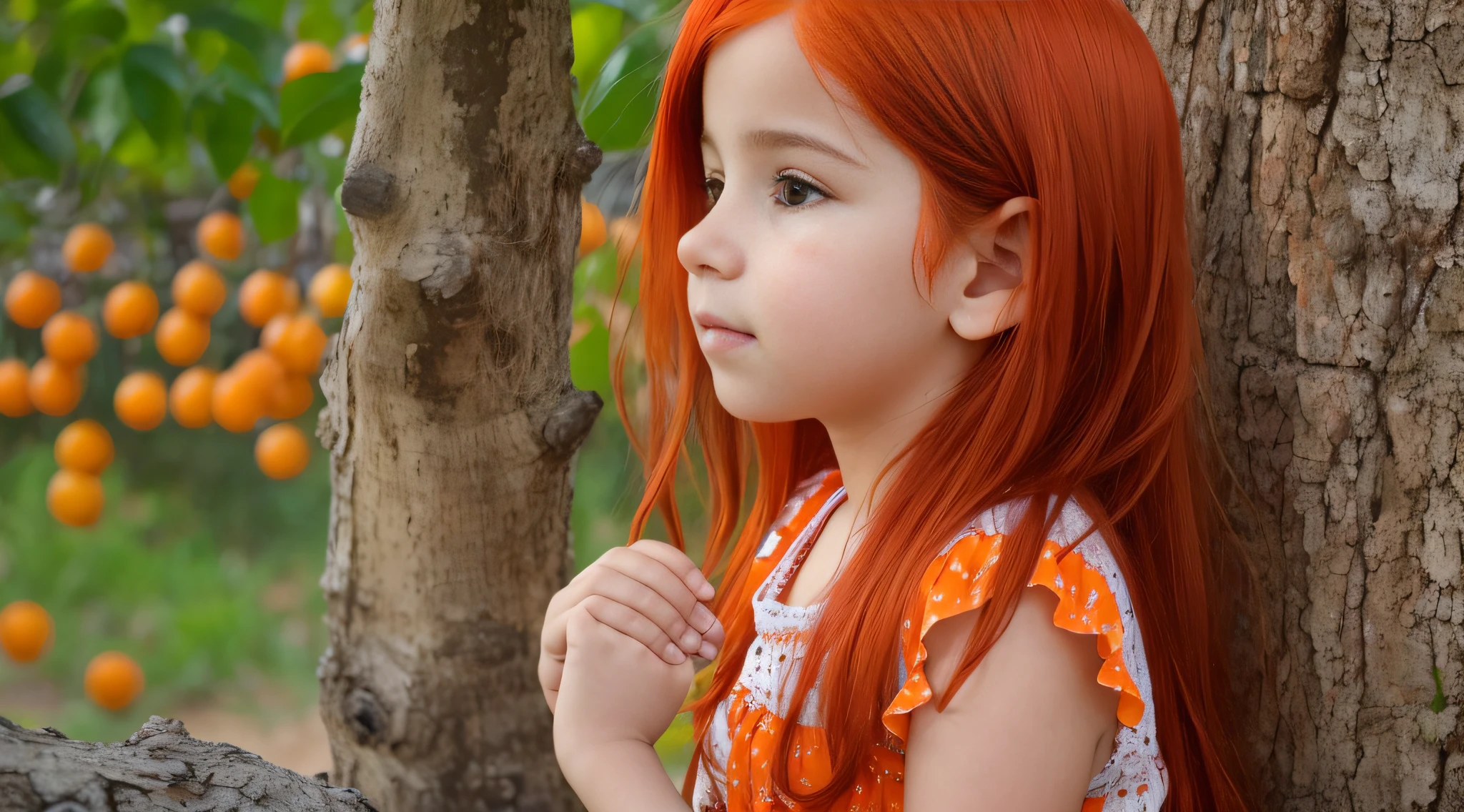 girl CHILD RED HAIR OF TRACINGS, segurando duas LARANJAS na frente de seu rosto, segurando uma LARANJA, comendo frutas podres, an ORANGE hold in hand, segurando LARANJAS.