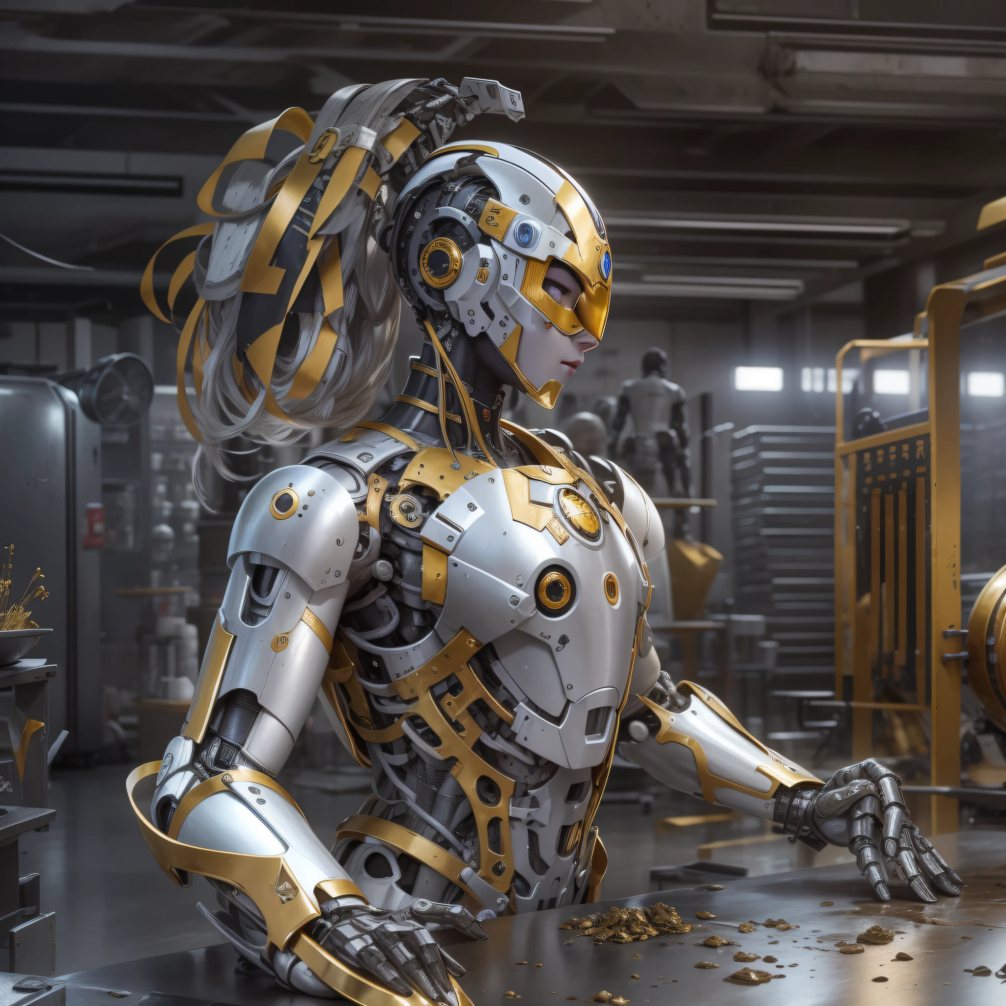 basado en allita: angel de combate, allita es una robot con pelo corto, ojos grandes y cuerpo mecanico desde el cuello hasta los pies , con aberturas en su cuerpo que deja entrever cabres, motores y maquinaria, cu cuerpo es de plata con incrustaciones de oro y bronce. se encuentra en un laboratorio futurista de ciencia ficcion.