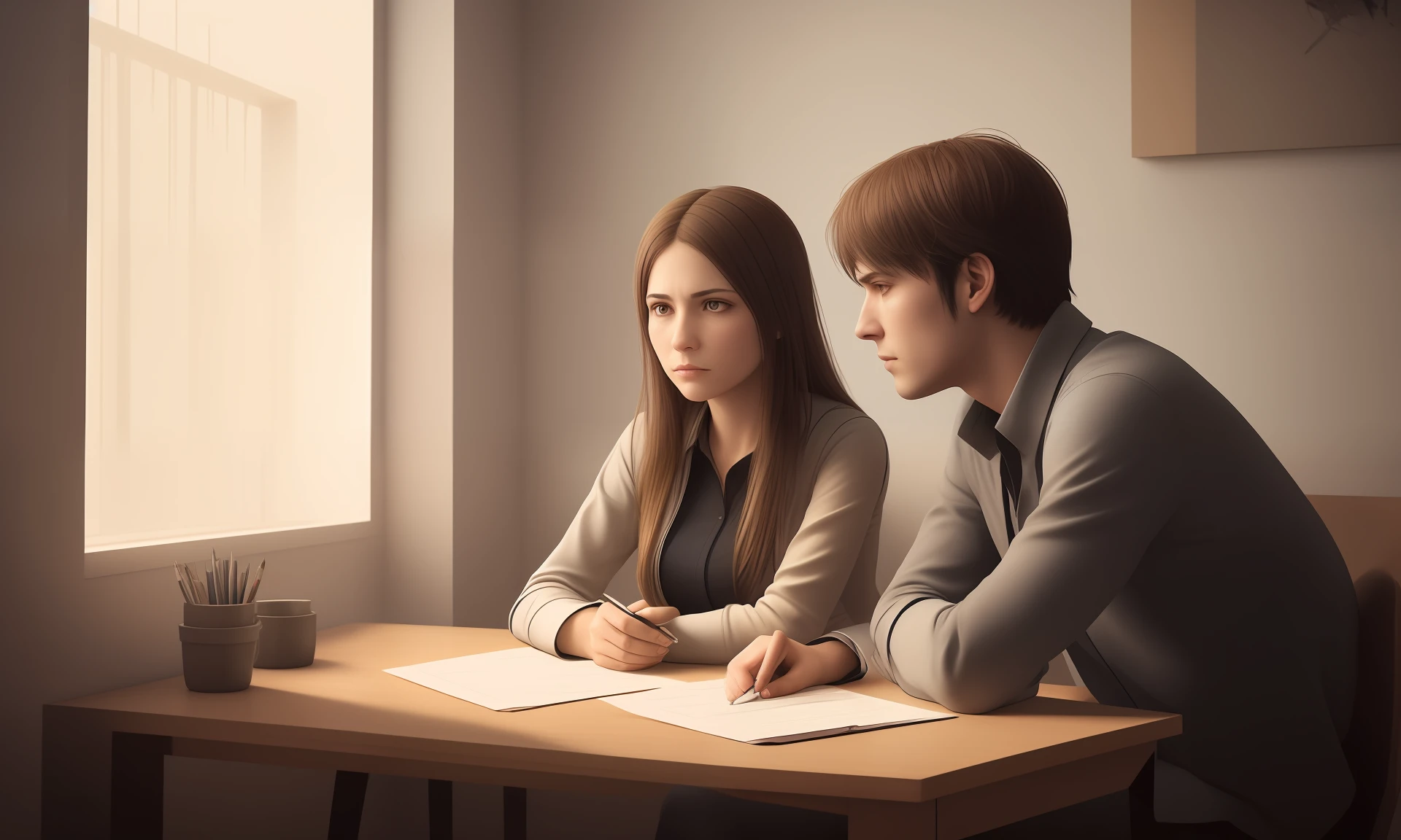 photorealistic, masterpiece, best quality, artistic composition, a person sitting at a desk with a saddened expression and on the other side two people with an authoritative expression trying to convince the grieving person of something, intricate details, brightness, lighting, detailed detailed , 4k, UHD, highest quality