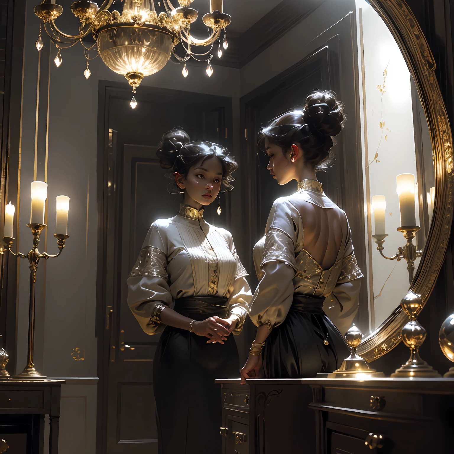 Chandeliers and mirrors.