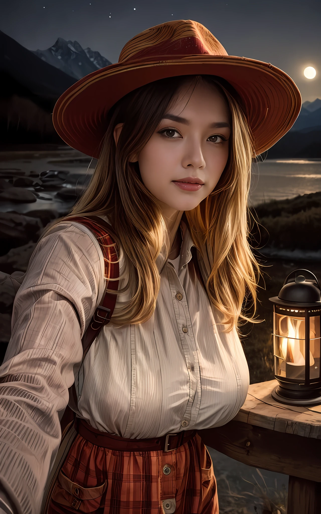 1 woman ((upper body selfie, happy)), masterpiece, best quality, ultra-detailed, solo, outdoor, (night), mountains, nature, (stars, moon) cheerful, happy, backpack, sleeping bag, camping stove, water bottle, country boot, country hat, red plaid shirt long sleeve open, lantern, forest, rocks, river, wood, smoke, shadows, contrast, clear sky, style, (warm hue,  warm tone: 1.2), close-up, cinematic light, side lighting, ultra high resolution, best shadow, RAW, upper body, wearing lingerie, seductive look, huge breasts, 4k, open neckline, sexy