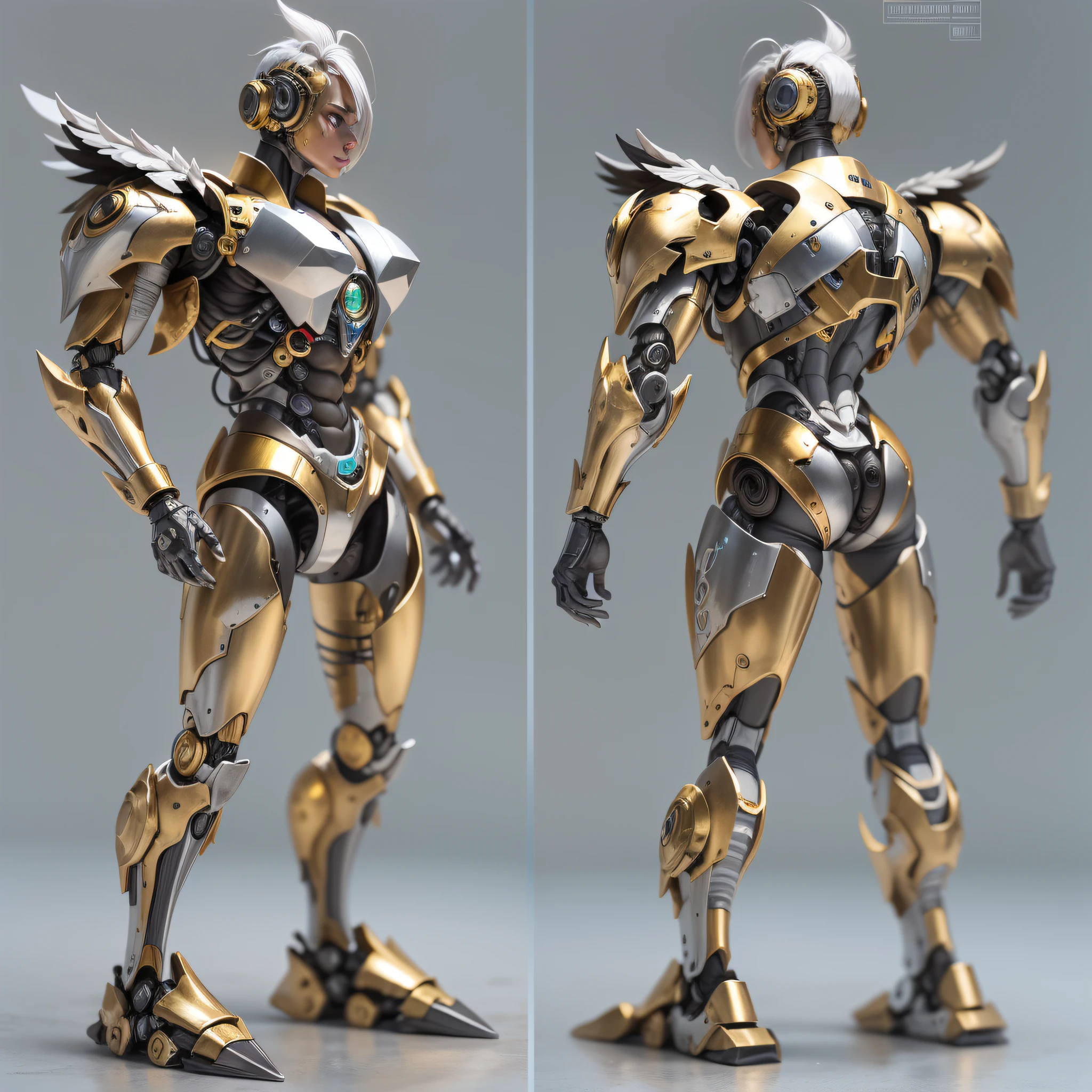 basado en allita: angel de combate, allita es una robot con pelo corto, ojos grandes y cuerpo mecanico desde el cuello hasta los pies , con aberturas en su cuerpo que deja entrever cabres, motores y maquinaria, cu cuerpo es de plata con incrustaciones de oro y bronce. se encuentra en un laboratorio futurista de ciencia ficcion.