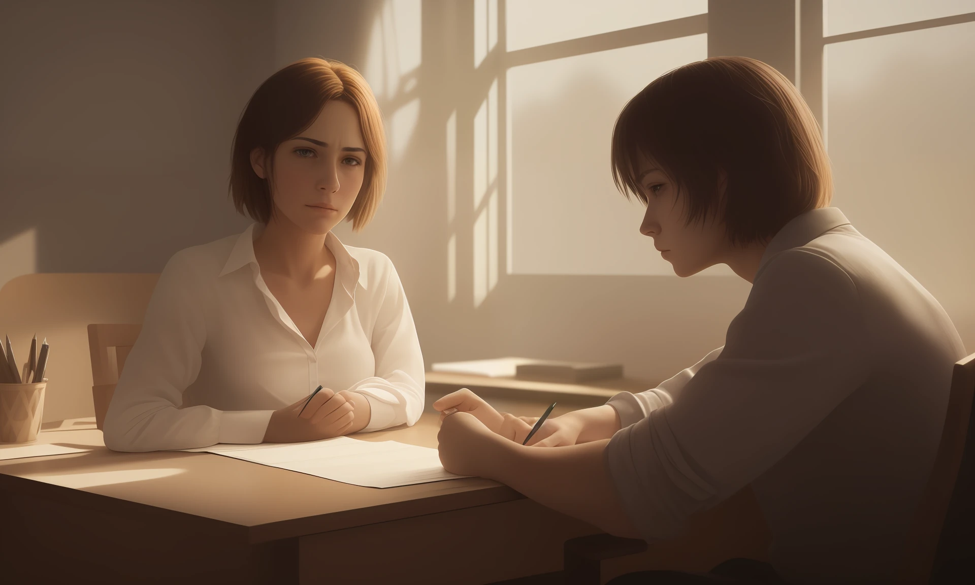photorealistic, masterpiece, best quality, artistic composition, a person sitting at a desk with a saddened expression and on the other side two people with an authoritative expression trying to convince the grieving person of something, intricate details, brightness, lighting, detailed detailed , 4k, UHD, highest quality