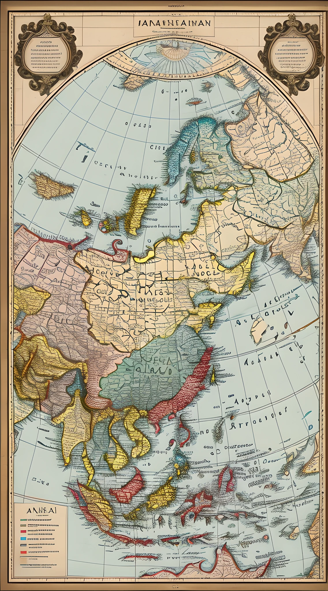 {A 13th-century map of Eurasia and Central Asia, where the boundaries of the Great Mongolian Empire are vibrantly highlighted. The map is adorned with intricate old-world style cartography, with attention to details like mountain ranges, rivers, and cities}, Art Style: Vintage, Art Inspirations: (Eowyn Smith, ArtStation), Camera: Macro Lens, Shot: Close-Up, (Vintage Color Palette: 1.3), (Soft Shadows: 1.2), (Sharp Focus: 1.15). Render: Octane Render, High Resolution (8K), Detailed.