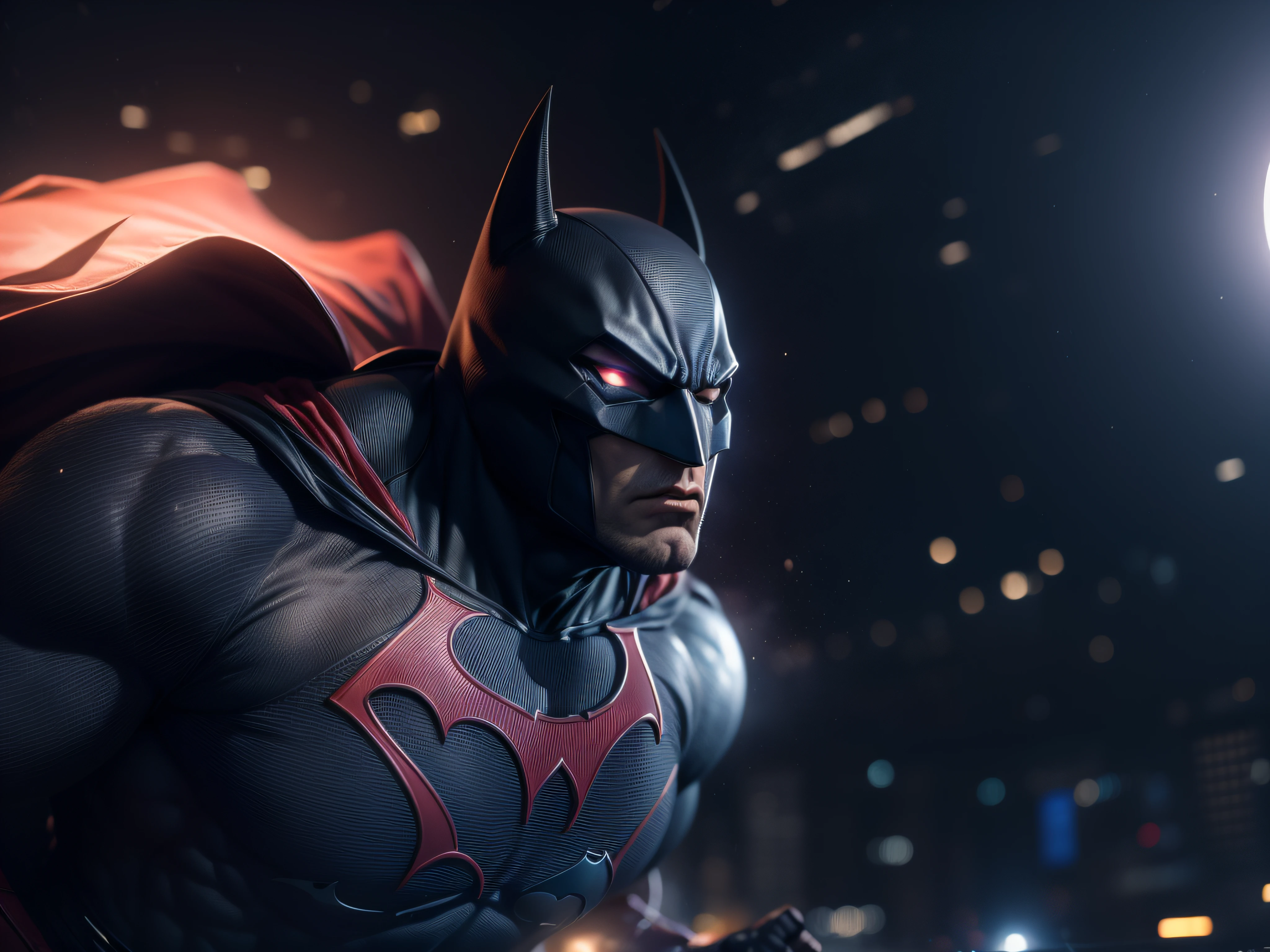 Close a powerful threat, The imposing appearance of the Batrman fighting the mighty Superman, menacing stare, ricamente detalhado, Hiper realista, 3D-rendering, obra-prima, NVIDIA, RTX, ray-traced, Bokeh, Night sky with a huge and beautiful full moon, estrelas brilhando,
