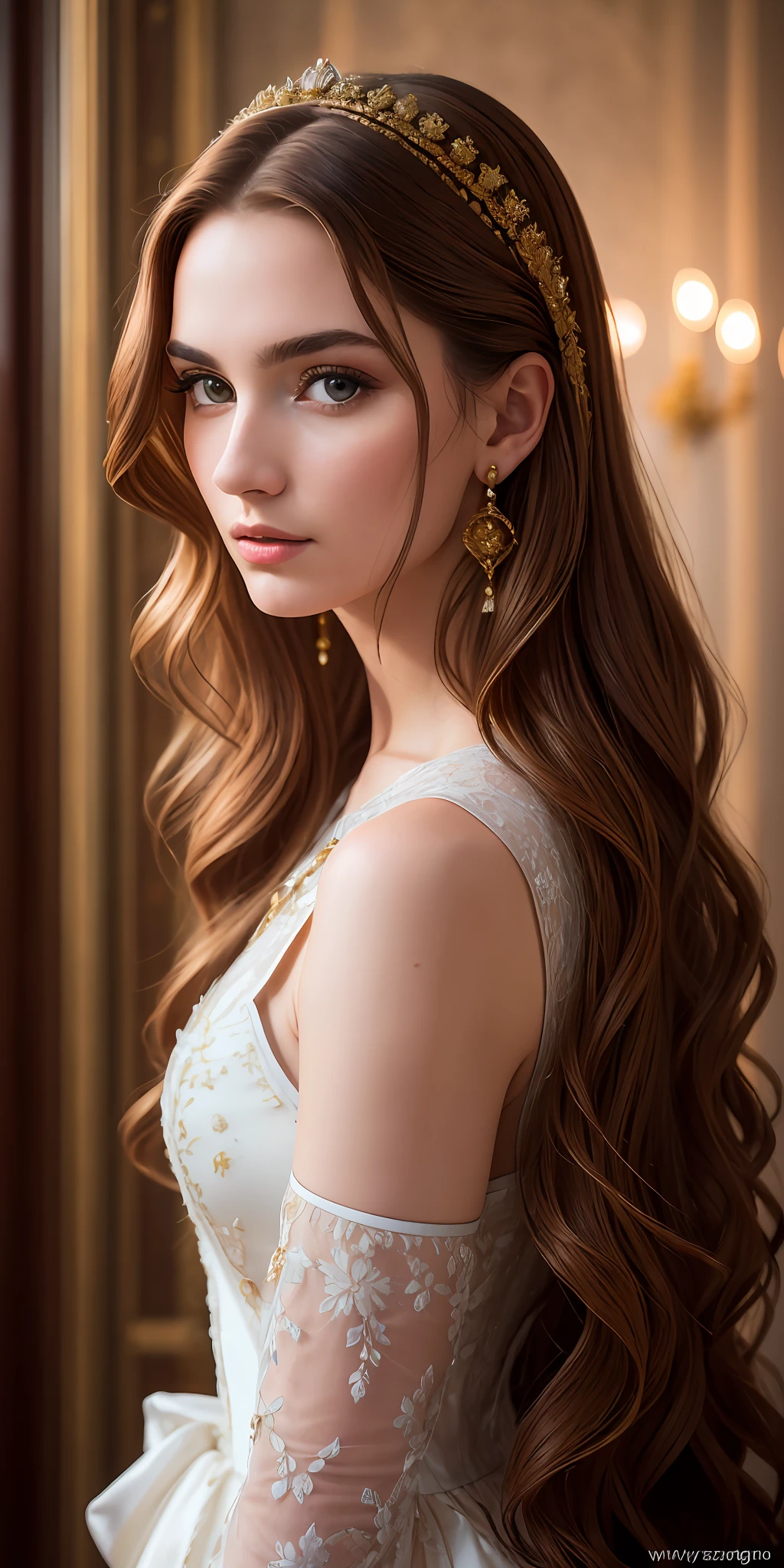 Photo of 25 year old European girl, (wearing royal garments). RAW, beautiful woman, (brown hair with extra long wavy), ((portrait)), (Detailed face: 1.2)), (Detailed facial features)), (Fine skin), pale skin, high detail, slim body, (cold color), wet, moist, reflection, (masterpiece) ( Perfect proportions) (realistic photos) (highest quality) (detail) shot with Canon EOS R5, 50mm lens, f/2.8, HDR, (8k) (wallpaper) (movie lighting) (dramatic lighting) (sharp focus) (complex) fashion,