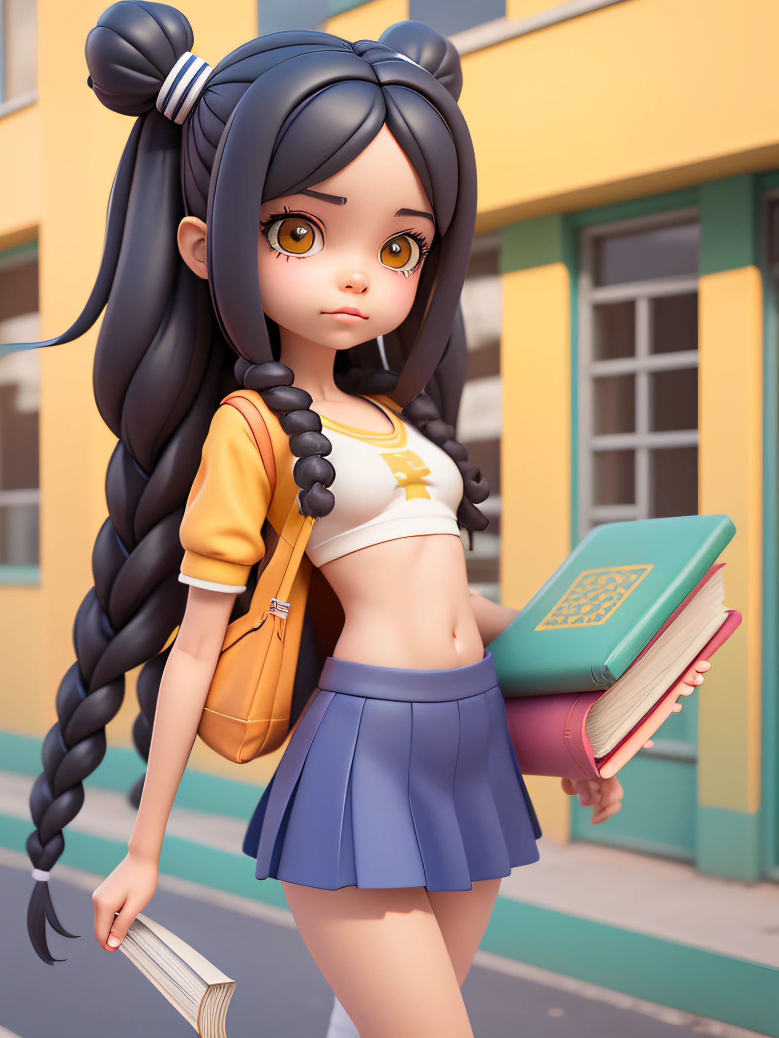 A thin Brazilian girl cartoon 3D thin legs braids in hair carrying books with school clothes